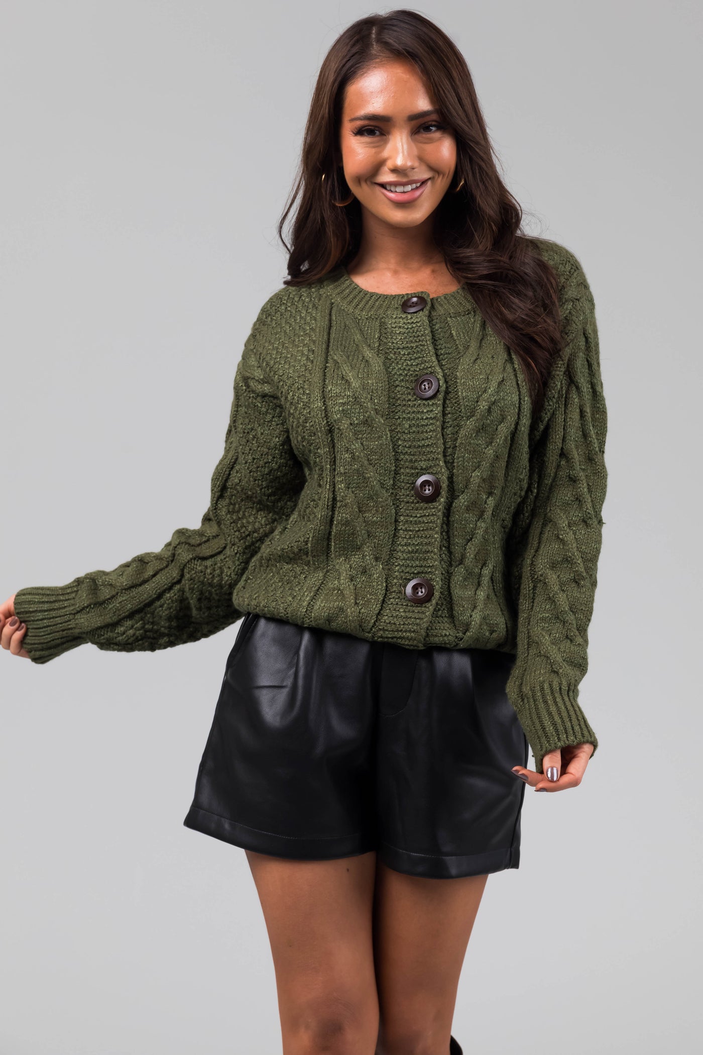 Olive Thick Cable Knit Button Cardigan
