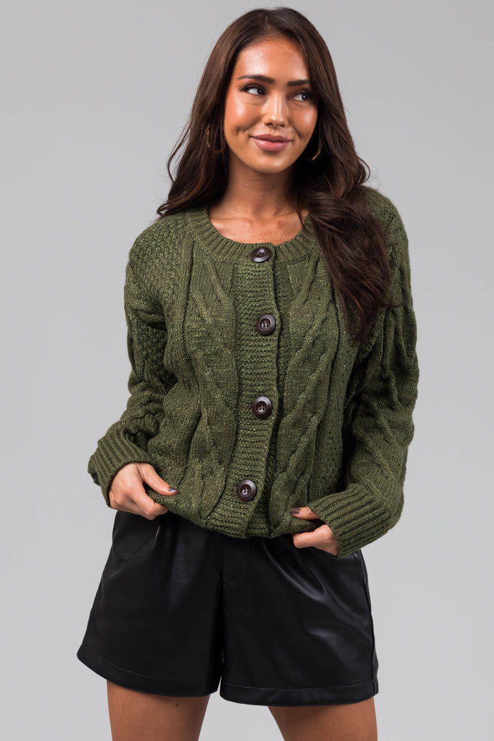 Olive Thick Cable Knit Button Cardigan