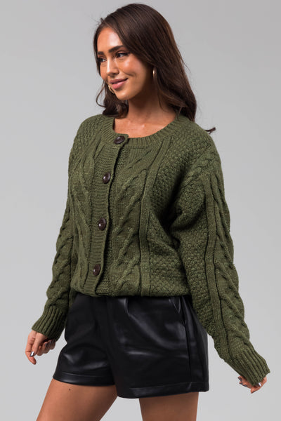 Olive Thick Cable Knit Button Cardigan