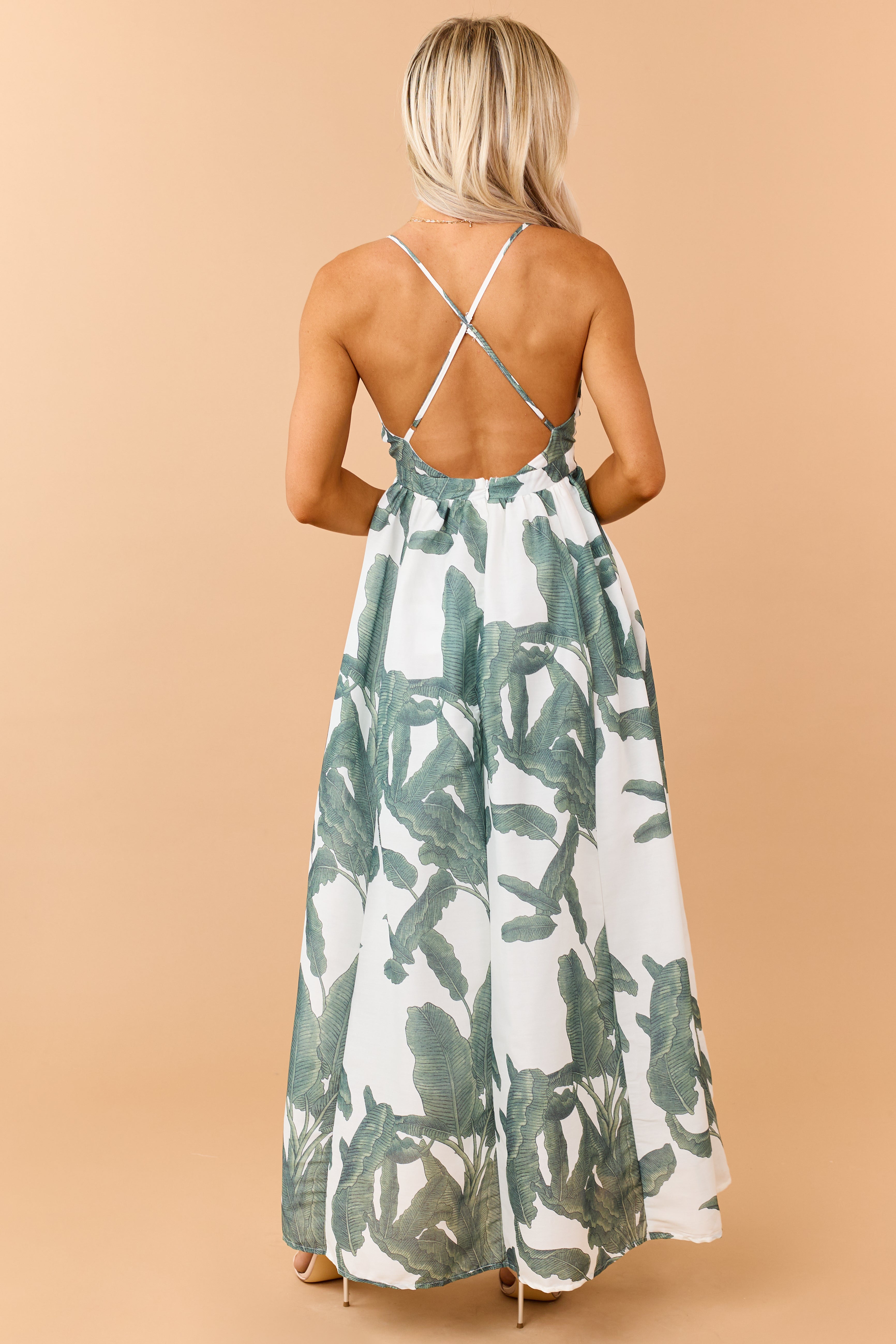 Olive Tropical Leaf Print Deep V Neck Maxi Dress