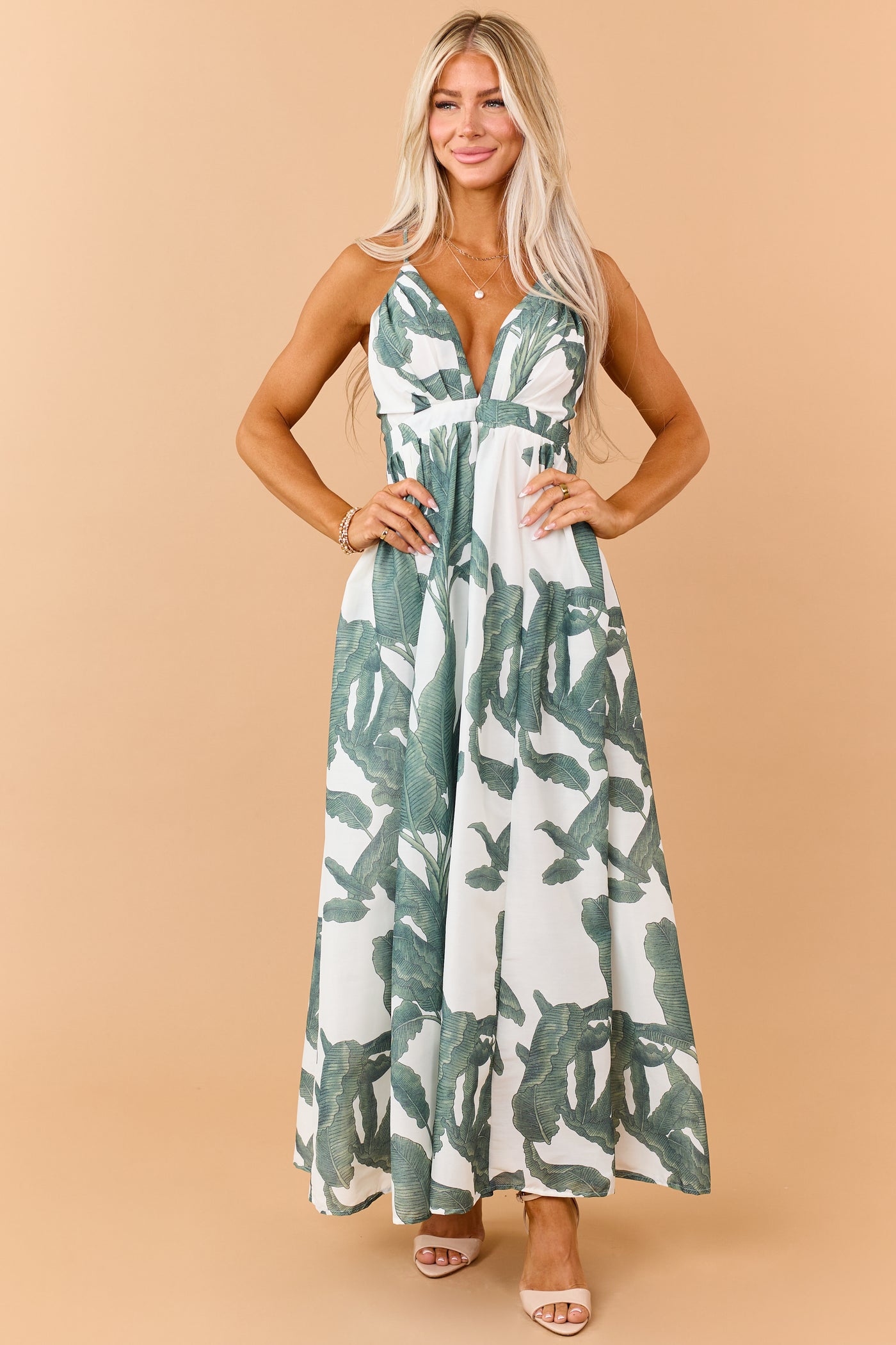 Olive Tropical Leaf Print Deep V Neck Maxi Dress