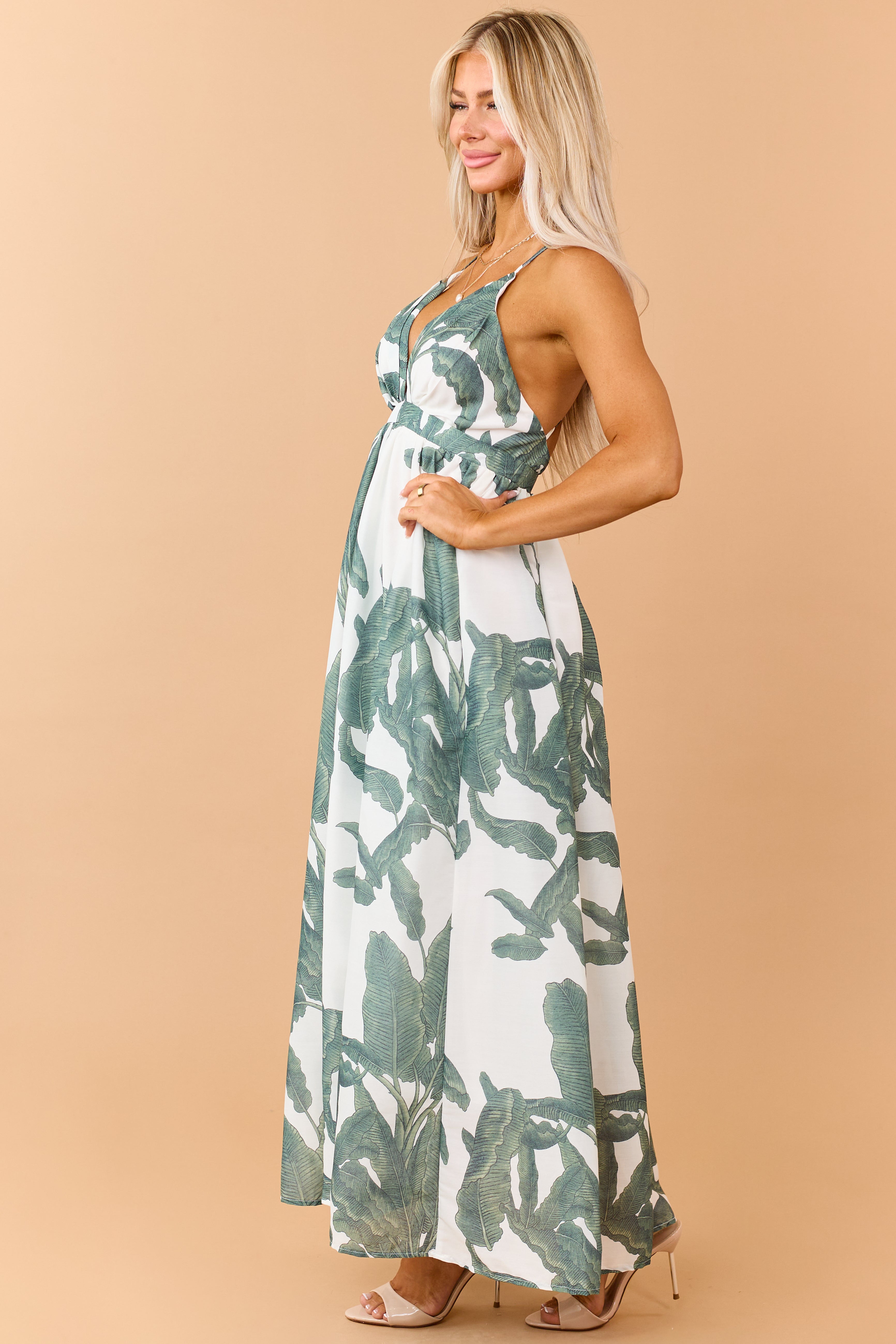 Olive Tropical Leaf Print Deep V Neck Maxi Dress