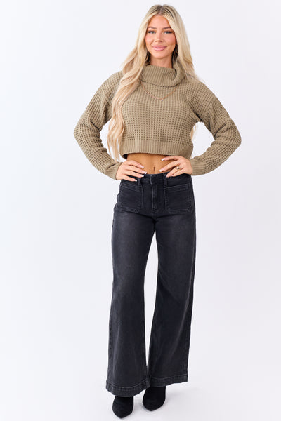 Olive Turtleneck Chenille Cropped Sweater