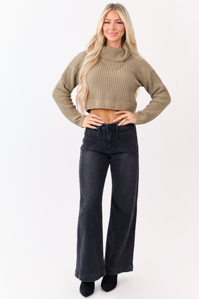 Olive Turtleneck Chenille Cropped Sweater