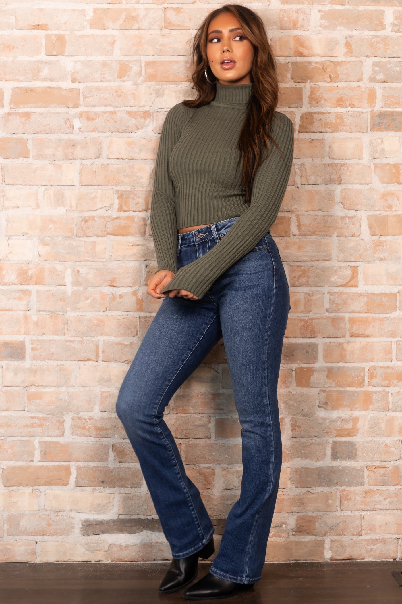 Olive Turtleneck Cropped Ribbed Sweater