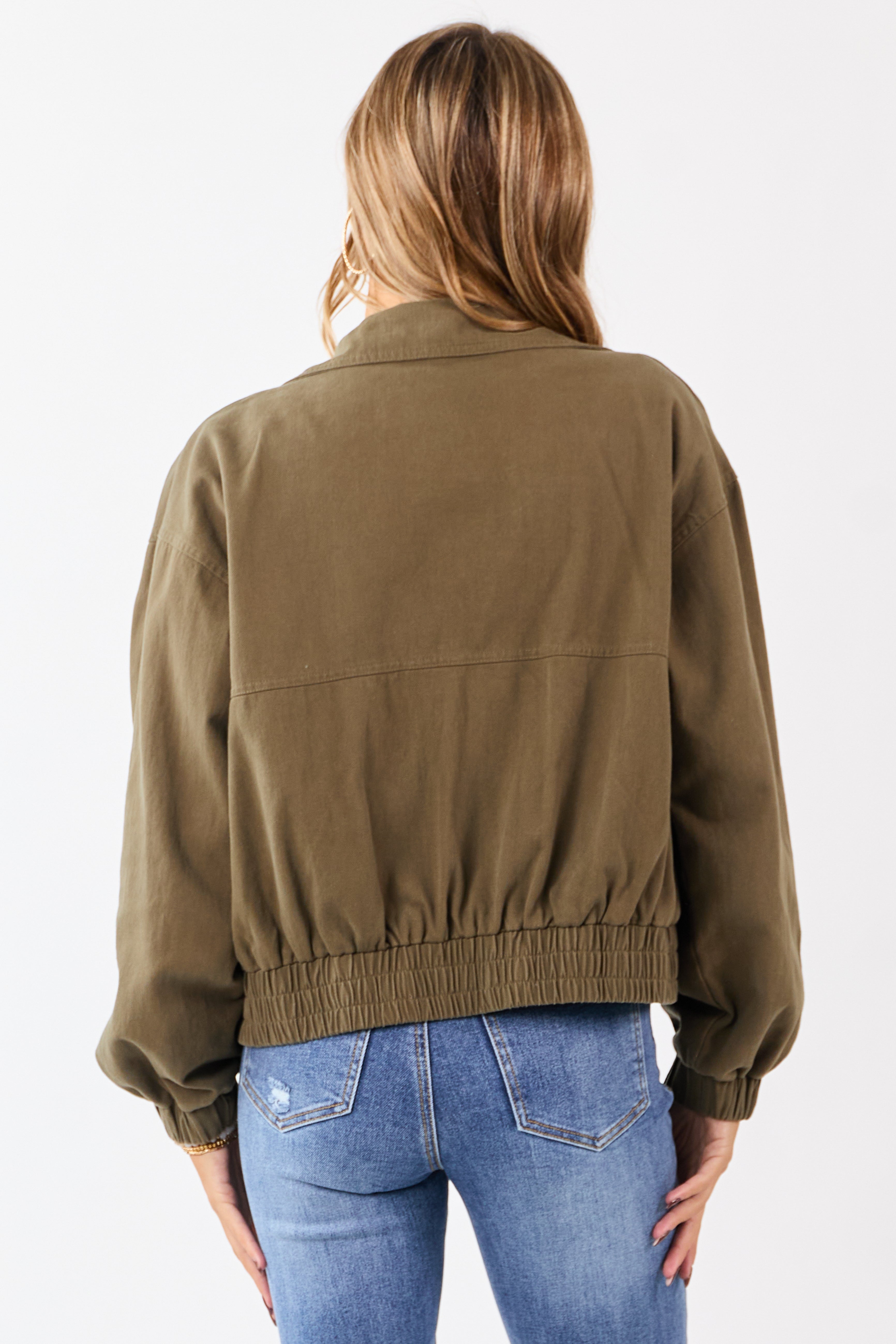 Olive Twill Collared Elastic Hem Zip Up Jacket