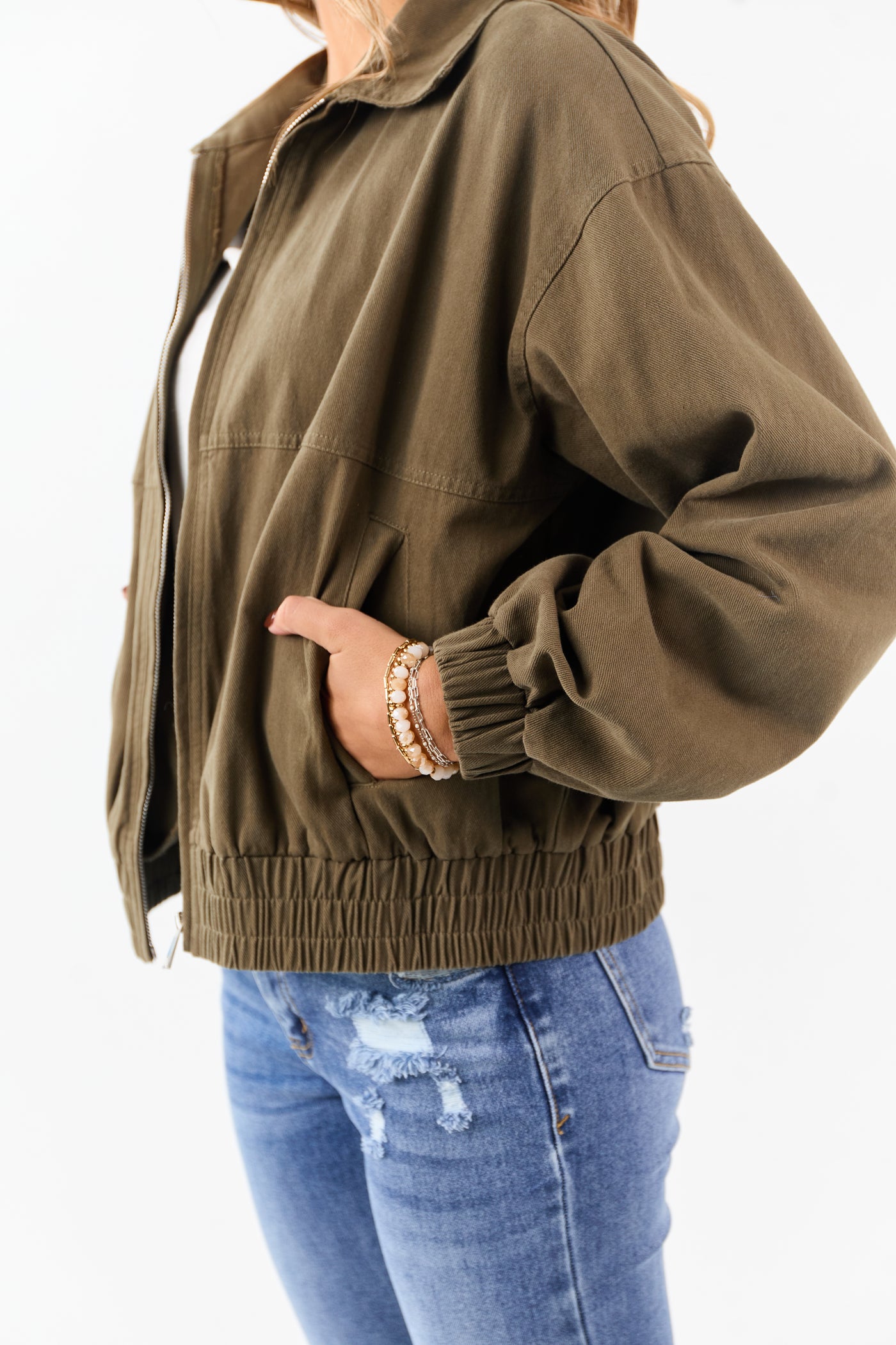 Olive Twill Collared Elastic Hem Zip Up Jacket