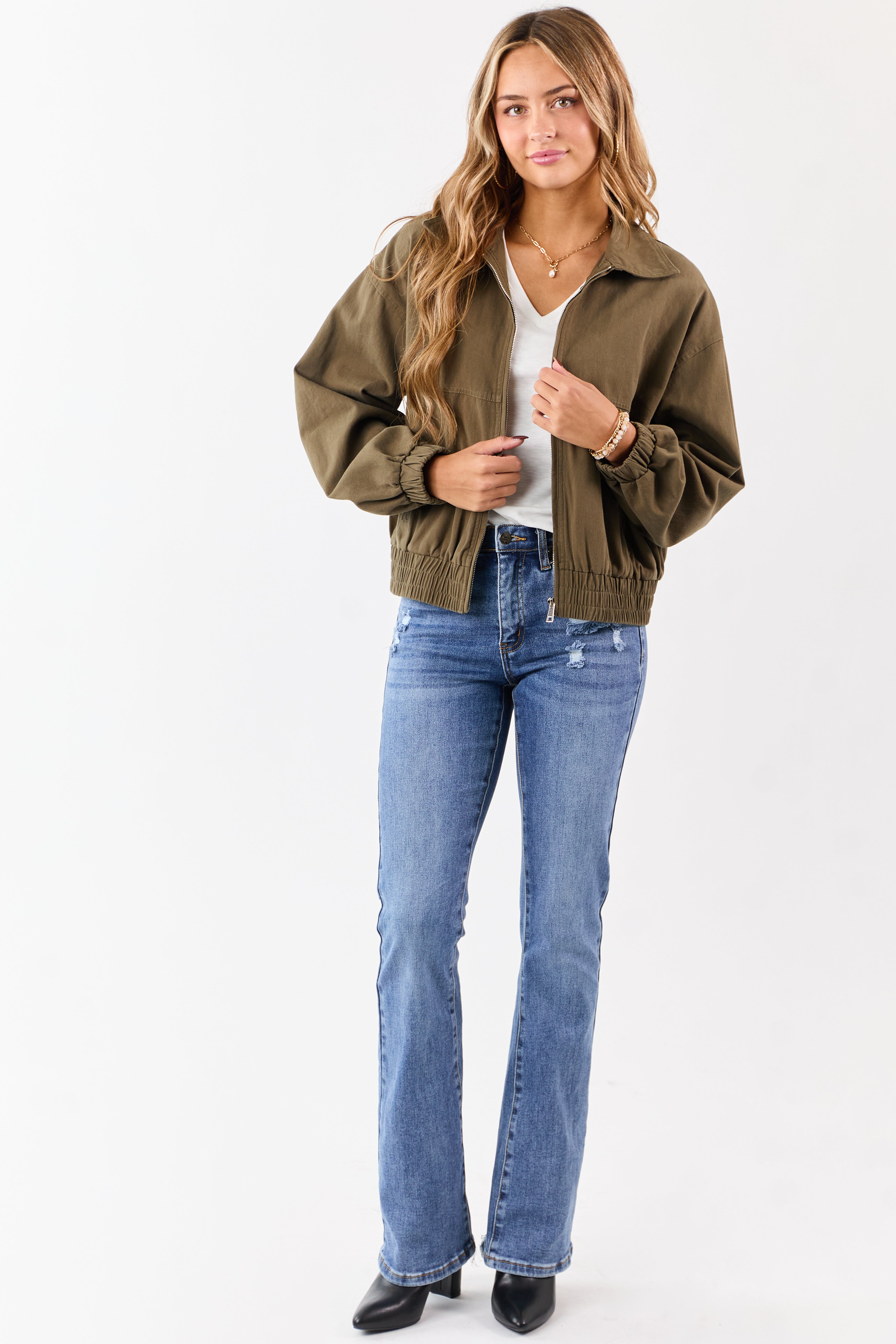 Olive Twill Collared Elastic Hem Zip Up Jacket