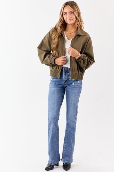 Olive Twill Collared Elastic Hem Zip Up Jacket