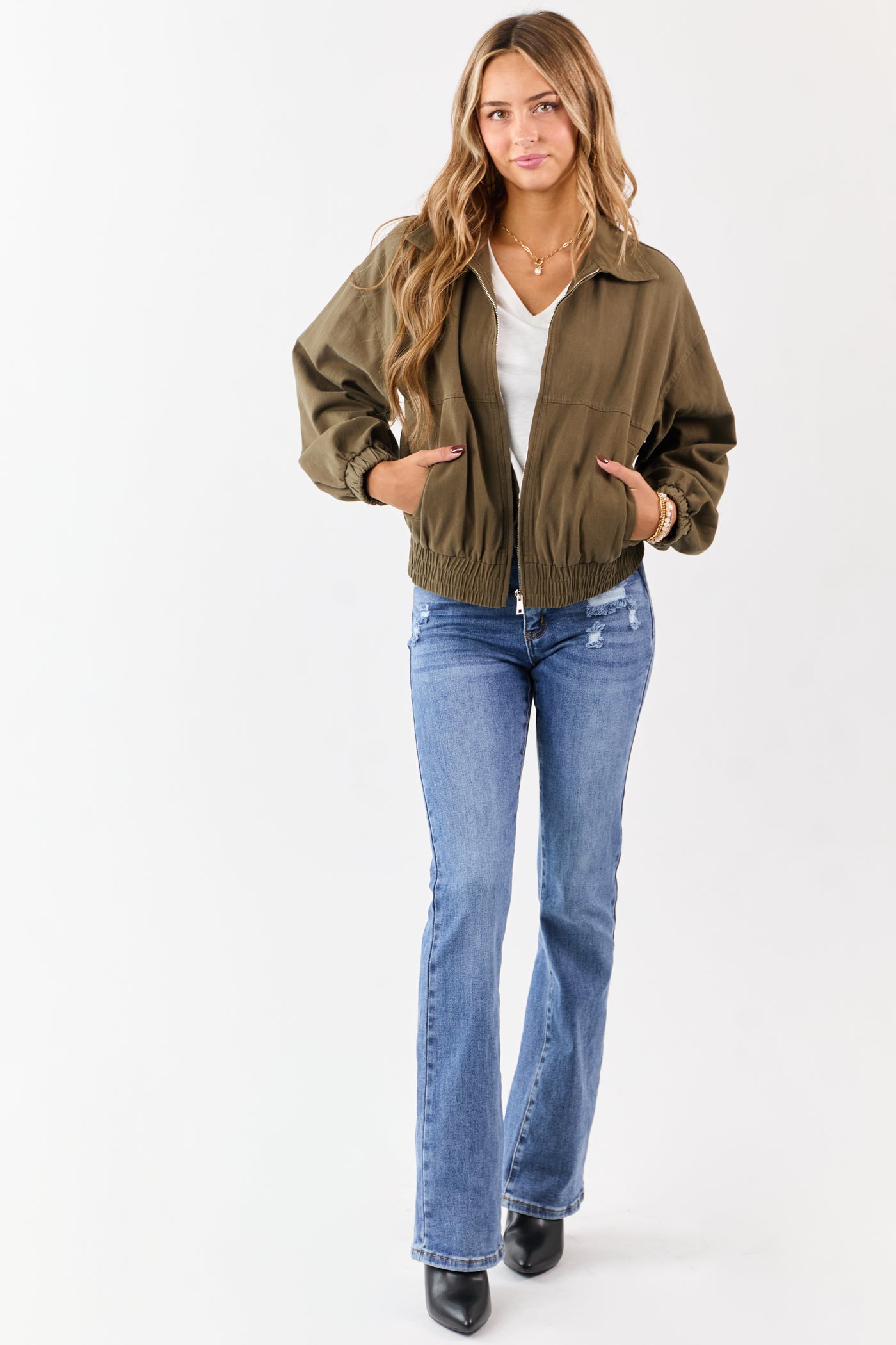 Olive Twill Collared Elastic Hem Zip Up Jacket