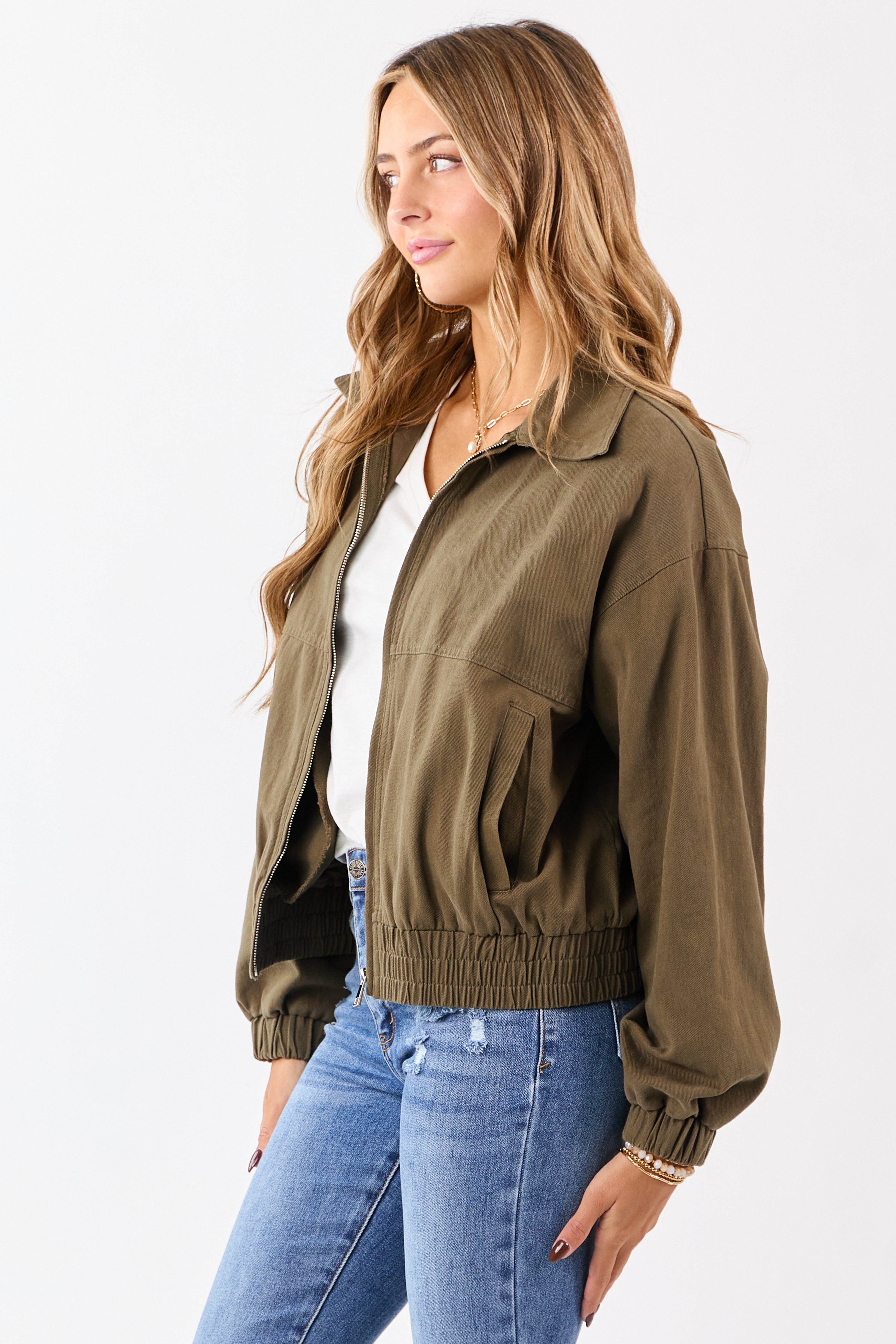 Olive Twill Collared Elastic Hem Zip Up Jacket | Lime Lush Boutique