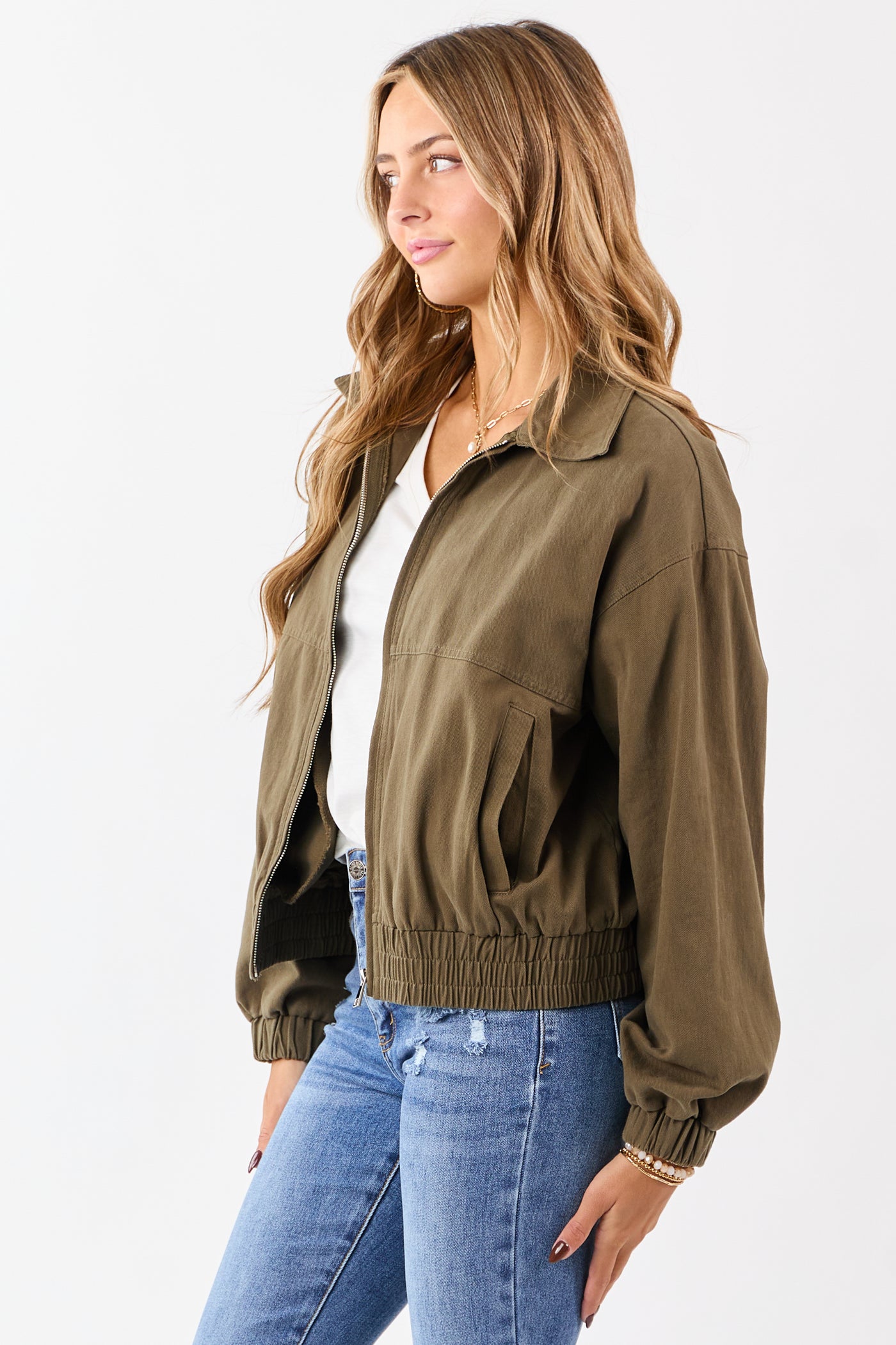 Olive Twill Collared Elastic Hem Zip Up Jacket