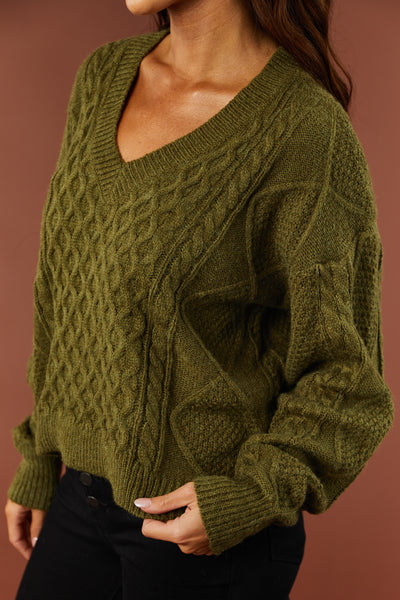 Olive V Neck Cable Knit Sweater