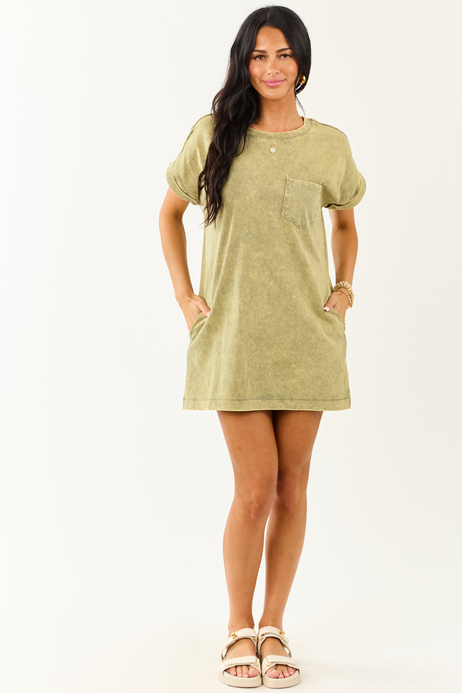 Olive Vintage Wash Short Sleeve Mini Dress
