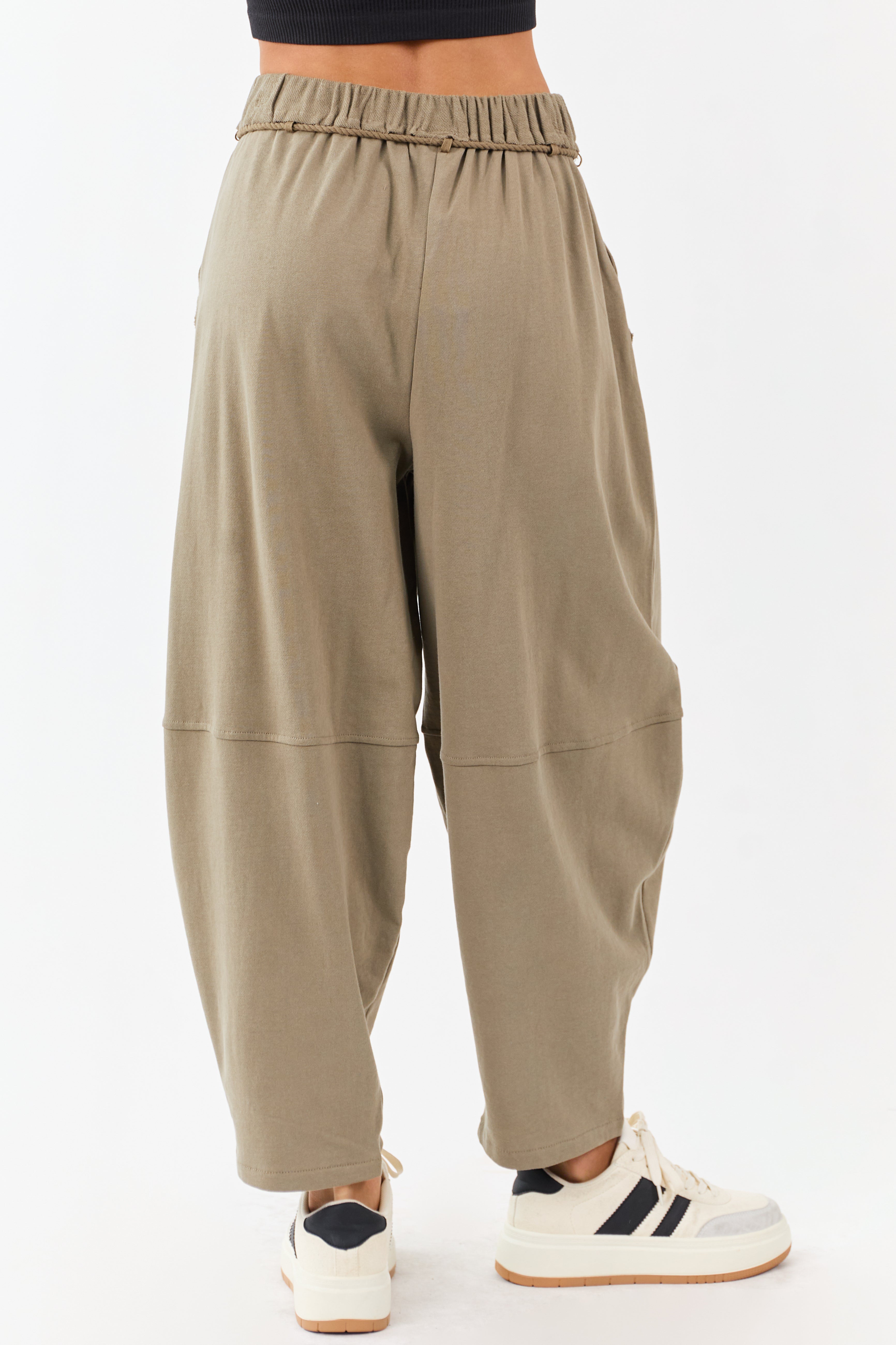 Olive Waist Tie Barrel Style Cotton Sweatpants