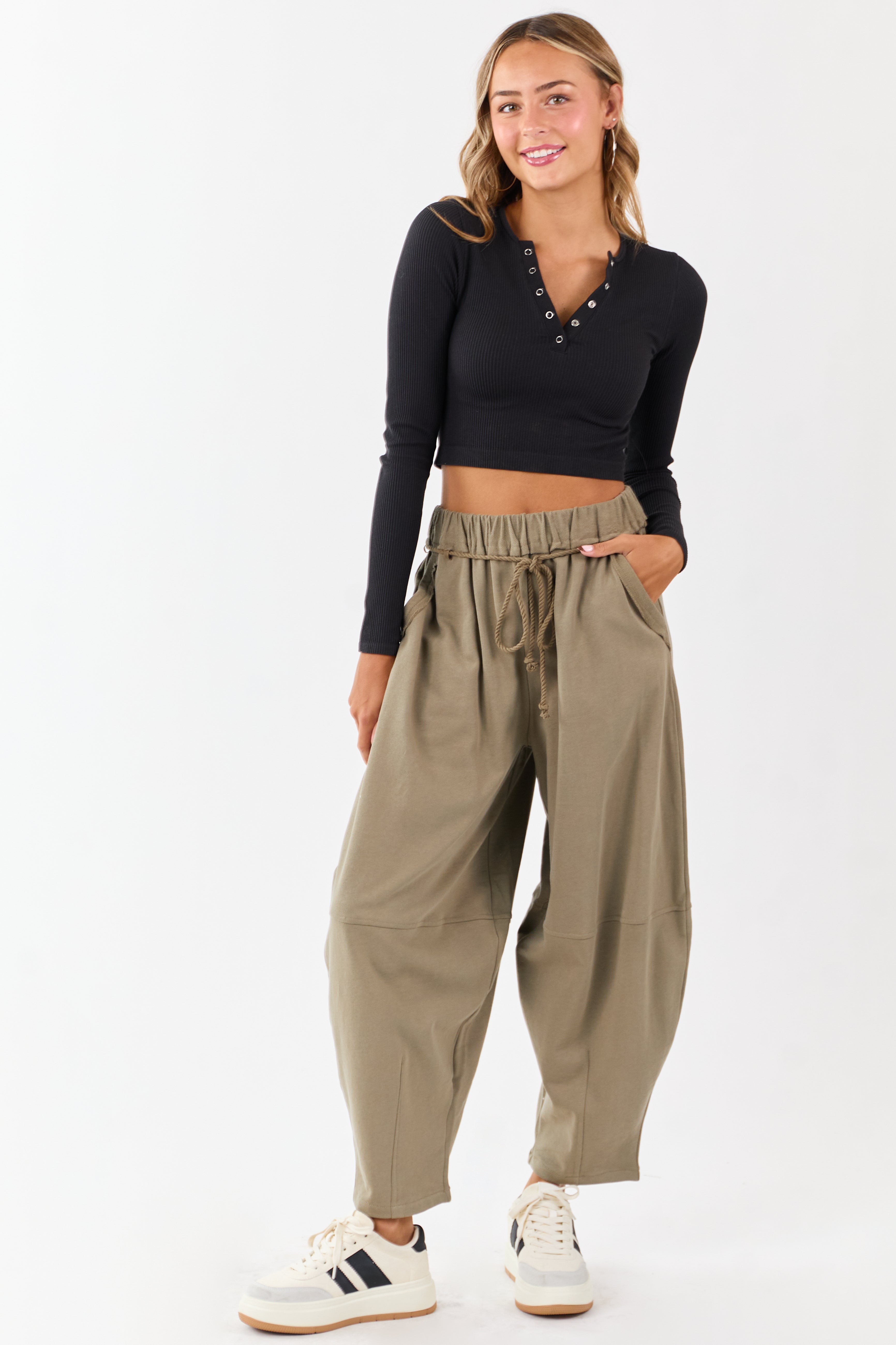 Olive Waist Tie Barrel Style Cotton Sweatpants