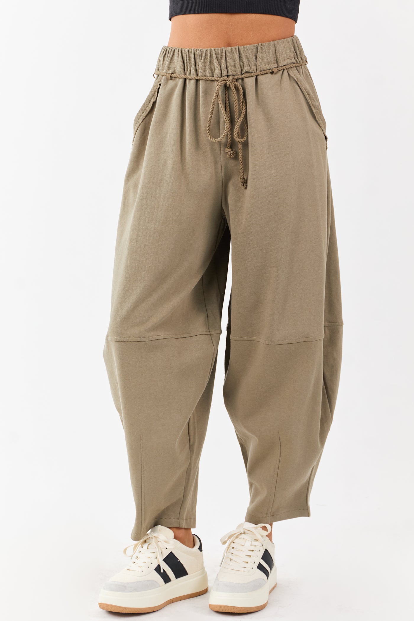 Olive Waist Tie Barrel Style Cotton Sweatpants