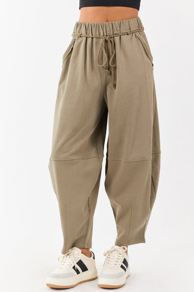 Olive Waist Tie Barrel Style Cotton Sweatpants