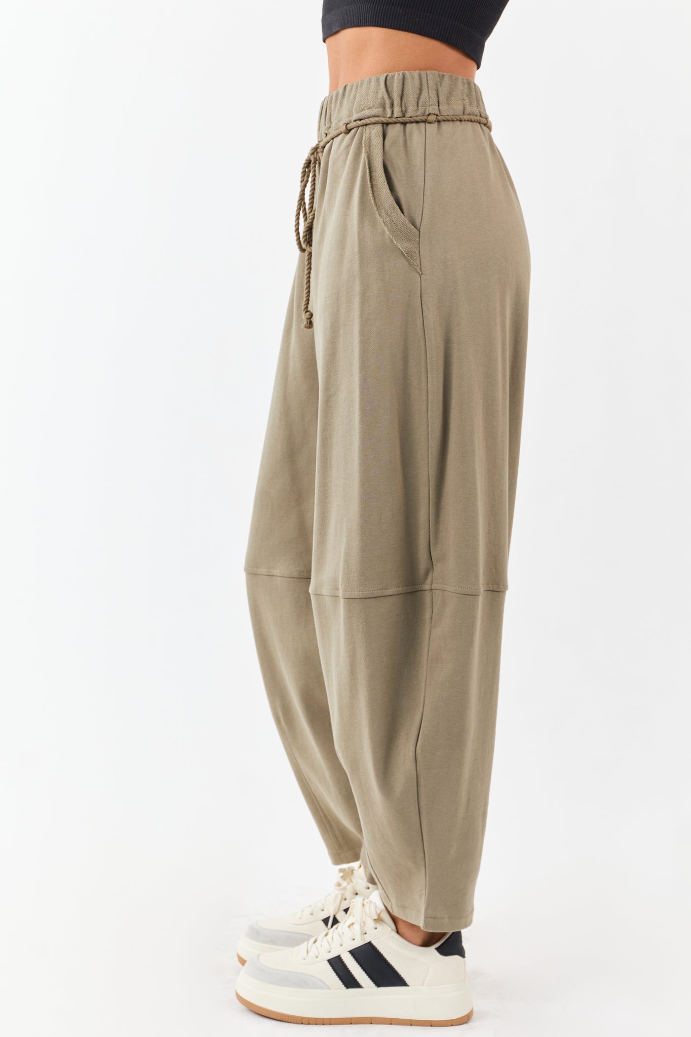 Olive Waist Tie Barrel Style Cotton Sweatpants