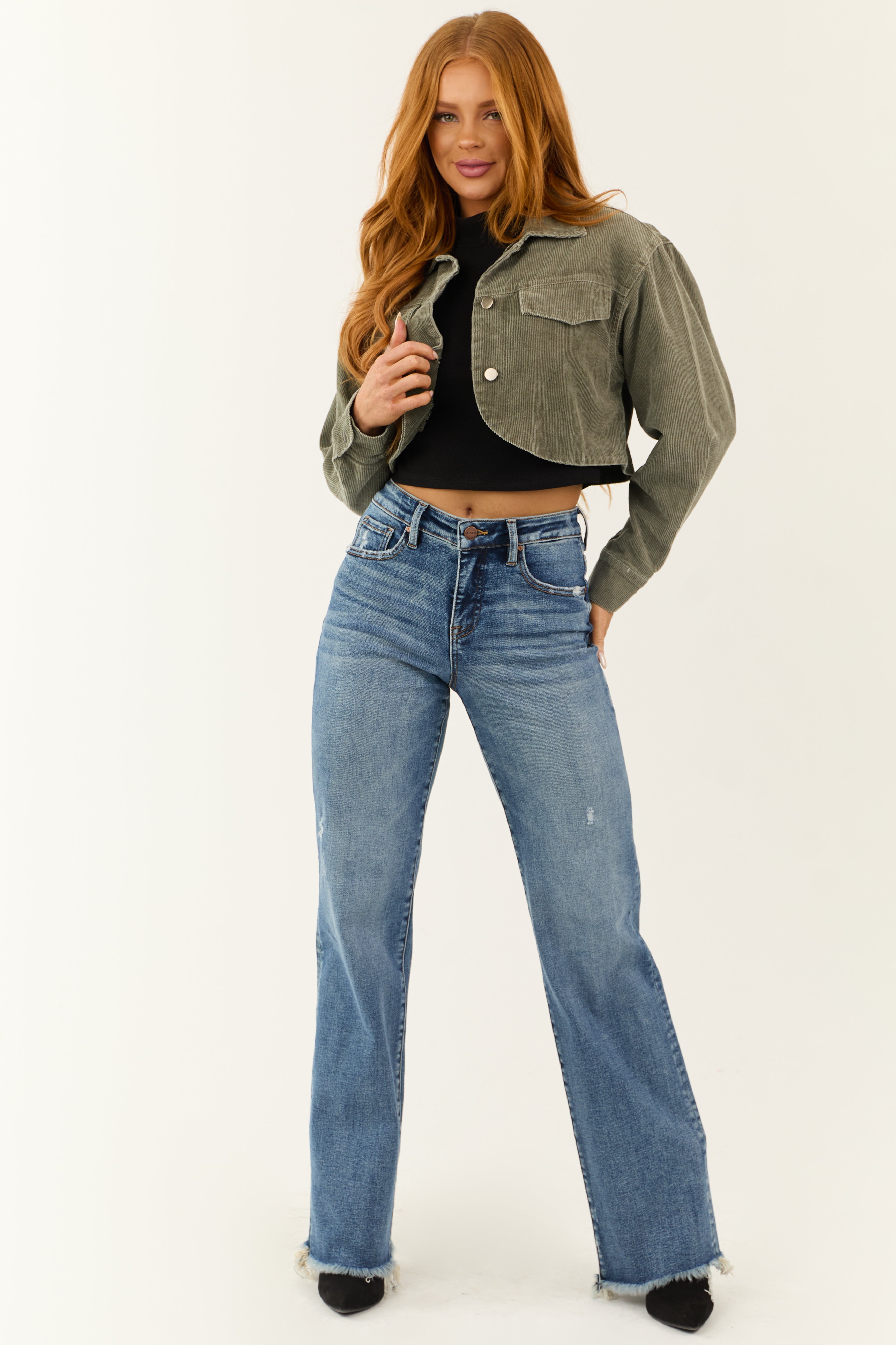 Olive Washed Corduroy Button Down Crop Jacket | Lime Lush Boutique