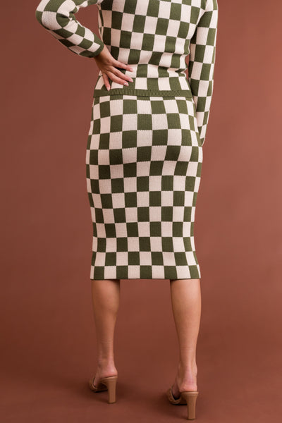 Olive and Champagne Checkered Knit Skirt