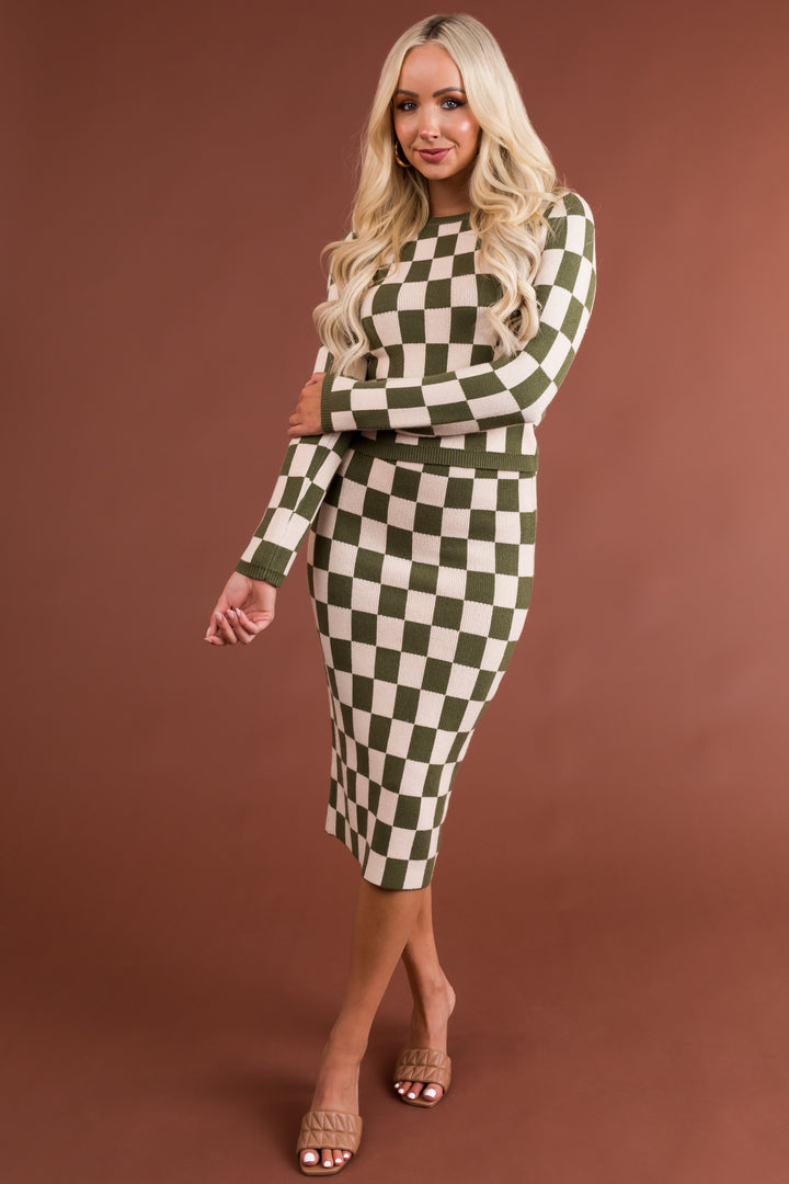 Olive and Champagne Checkered Knit Skirt