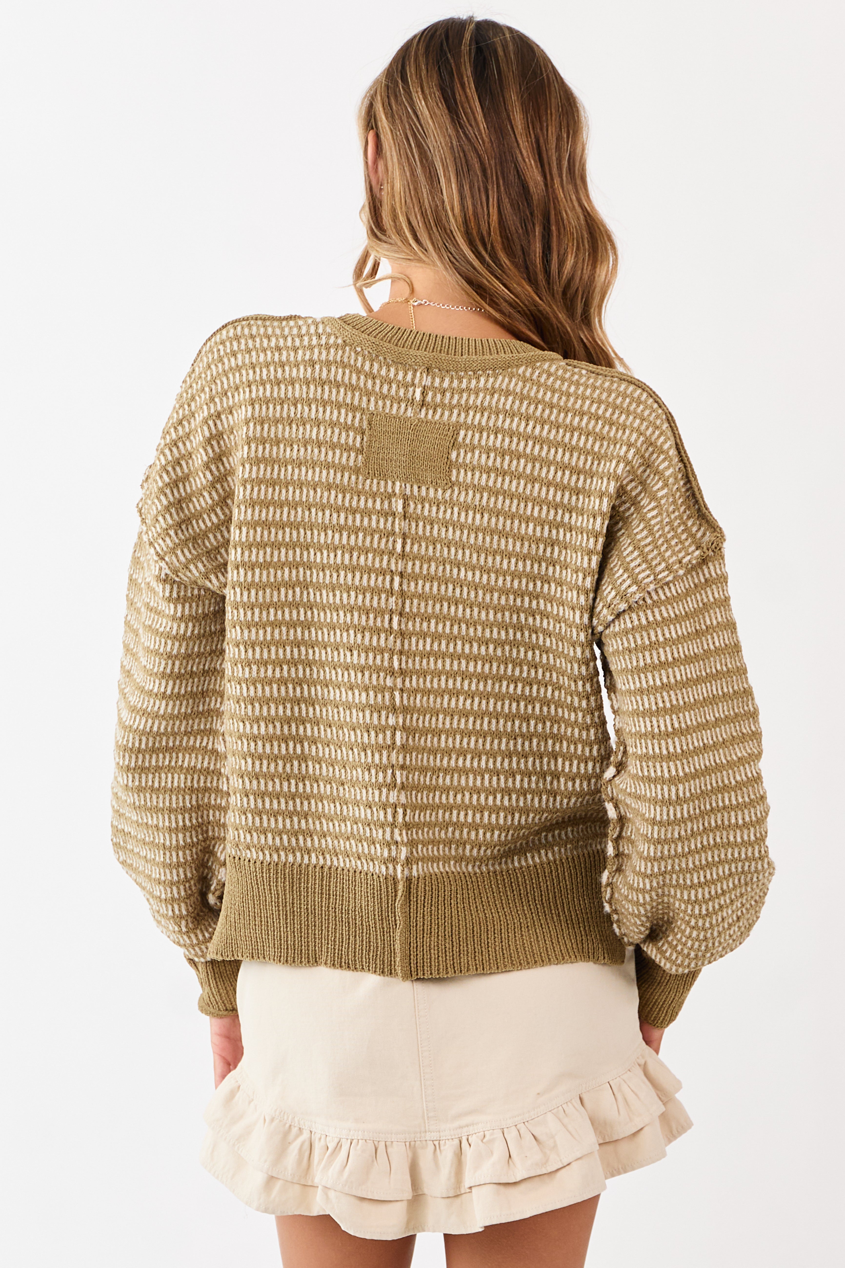 Olive and Ivory Two Toned Textured Knit Sweater