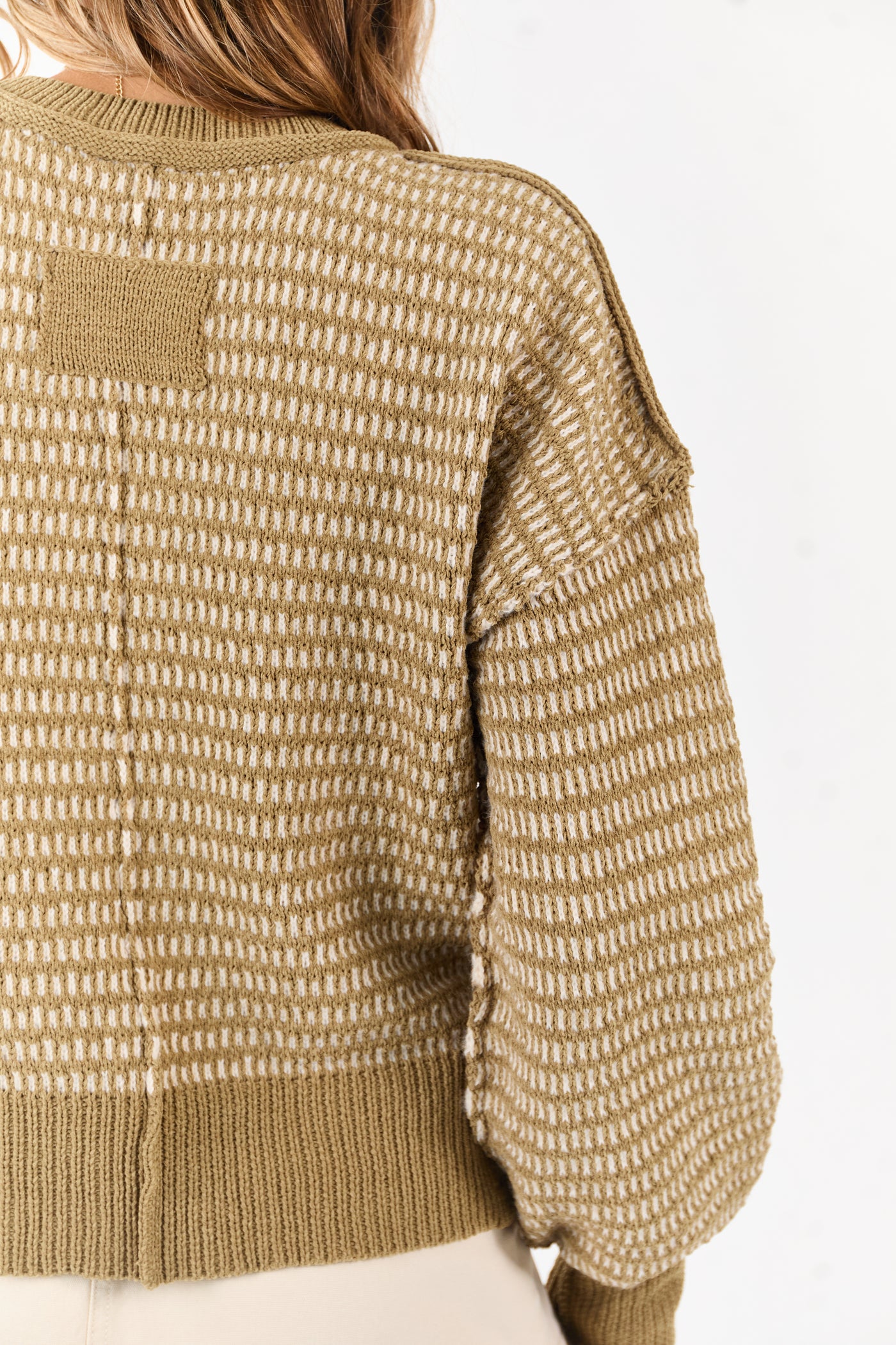 Olive and Ivory Two Toned Textured Knit Sweater
