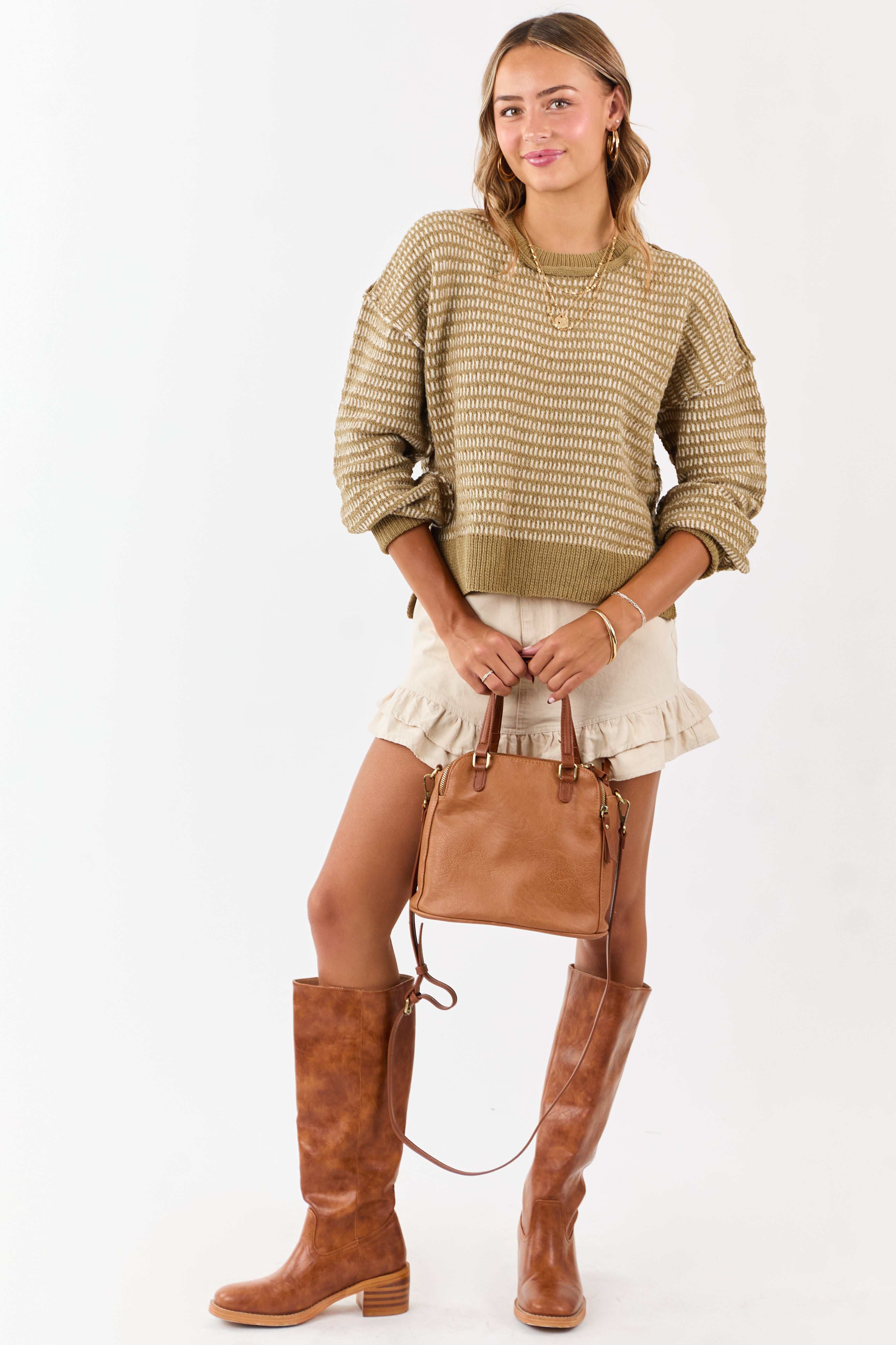 Olive and Ivory Two Toned Textured Knit Sweater