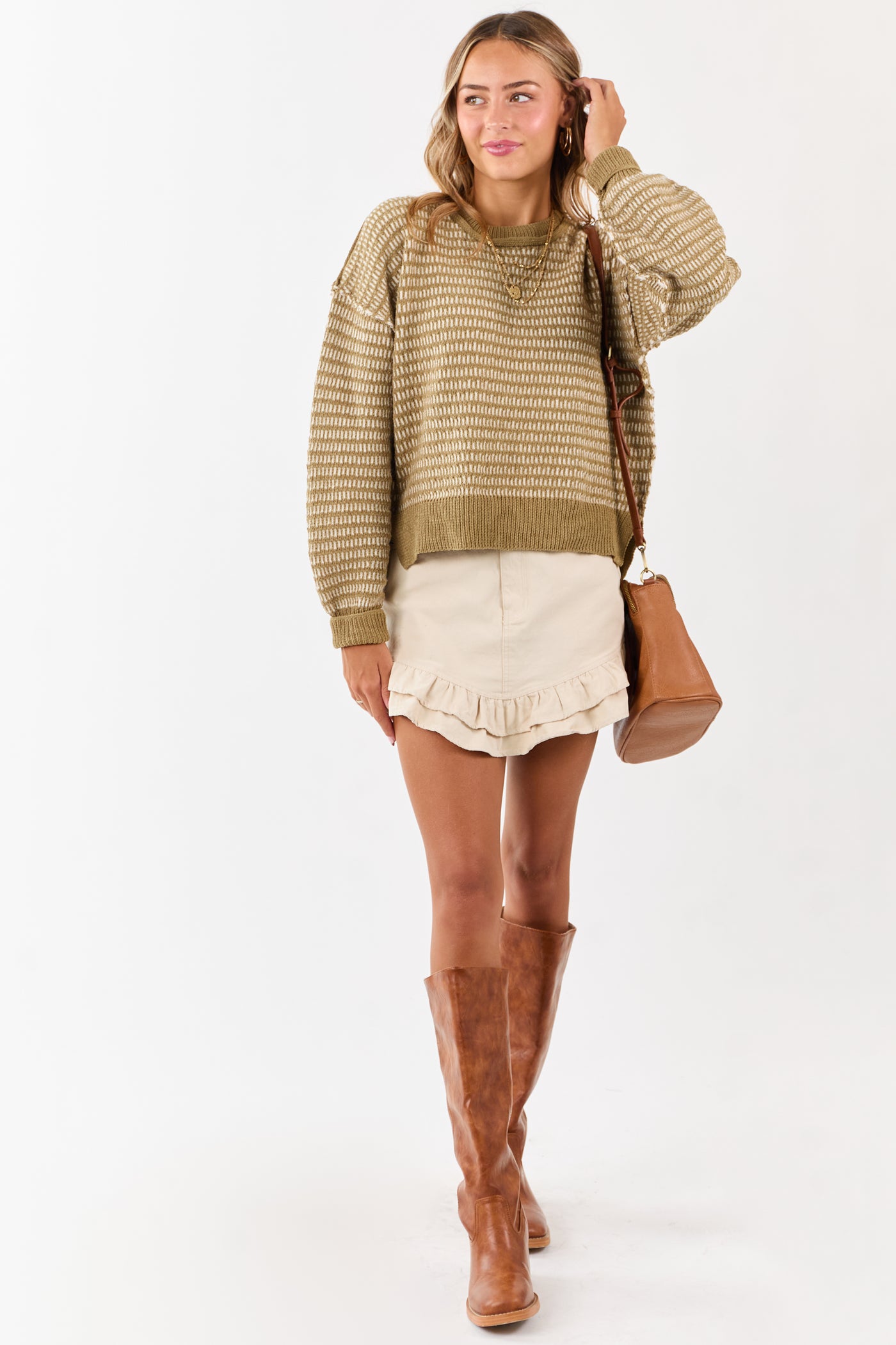 Olive and Ivory Two Toned Textured Knit Sweater