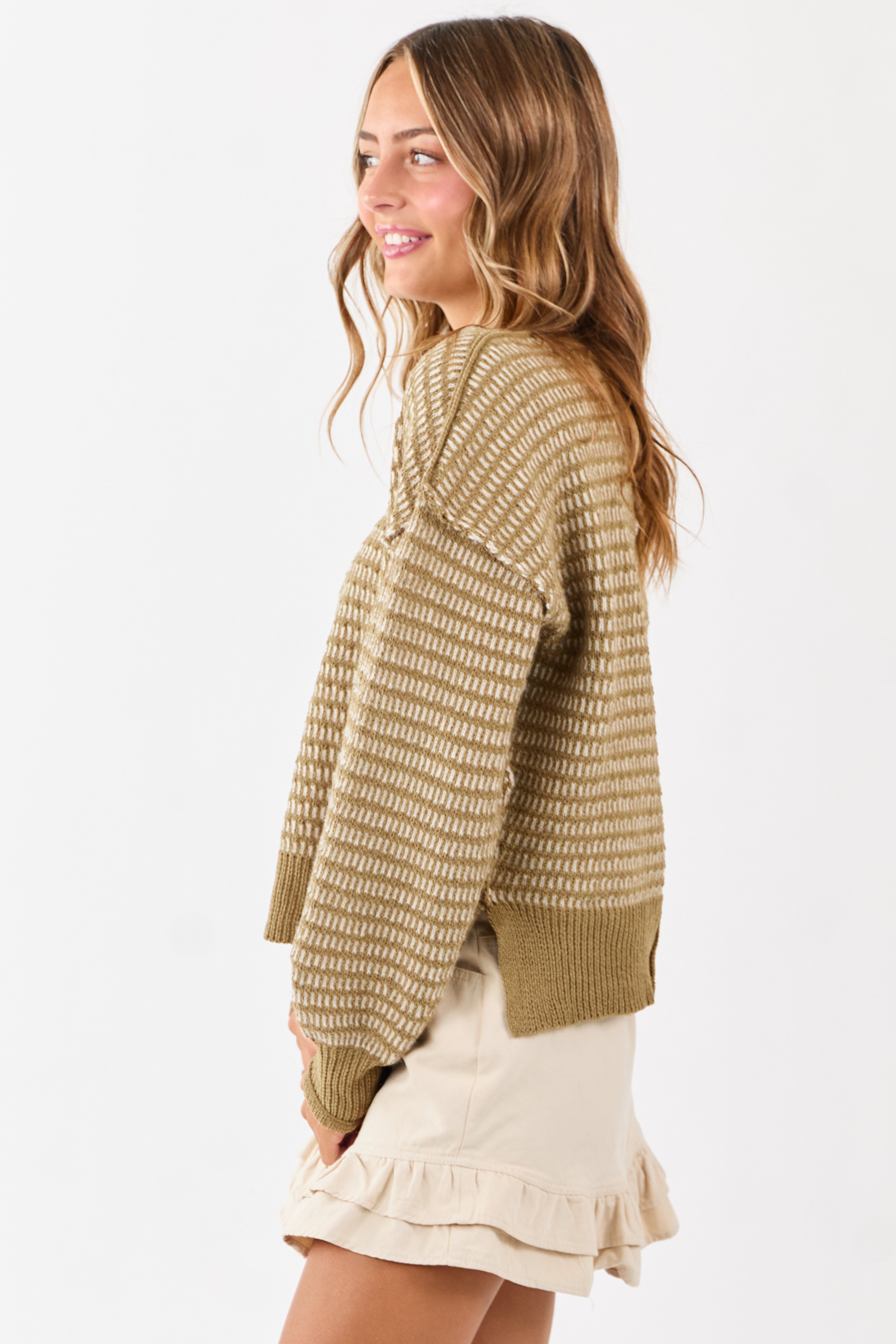 Olive and Ivory Two Toned Textured Knit Sweater