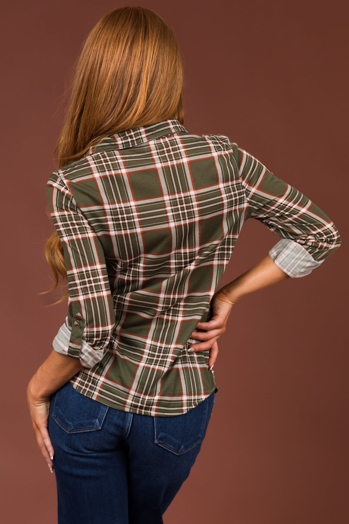 Olive and Rust Plaid Top with Chest Pocket