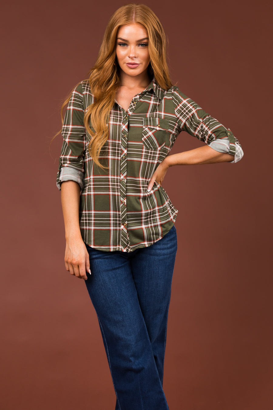 Olive and Rust Plaid Top with Chest Pocket