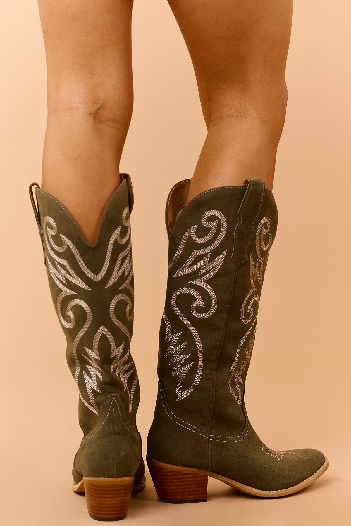 Olive Embroidered Faux Suede Western Boots