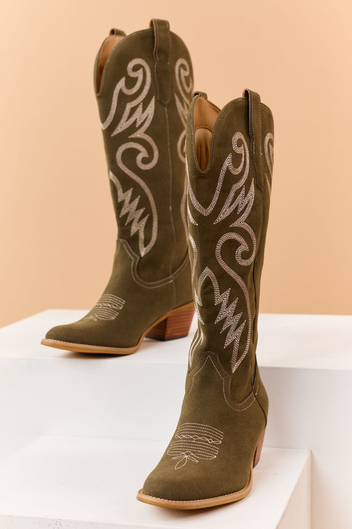 Olive Embroidered Faux Suede Western Boots
