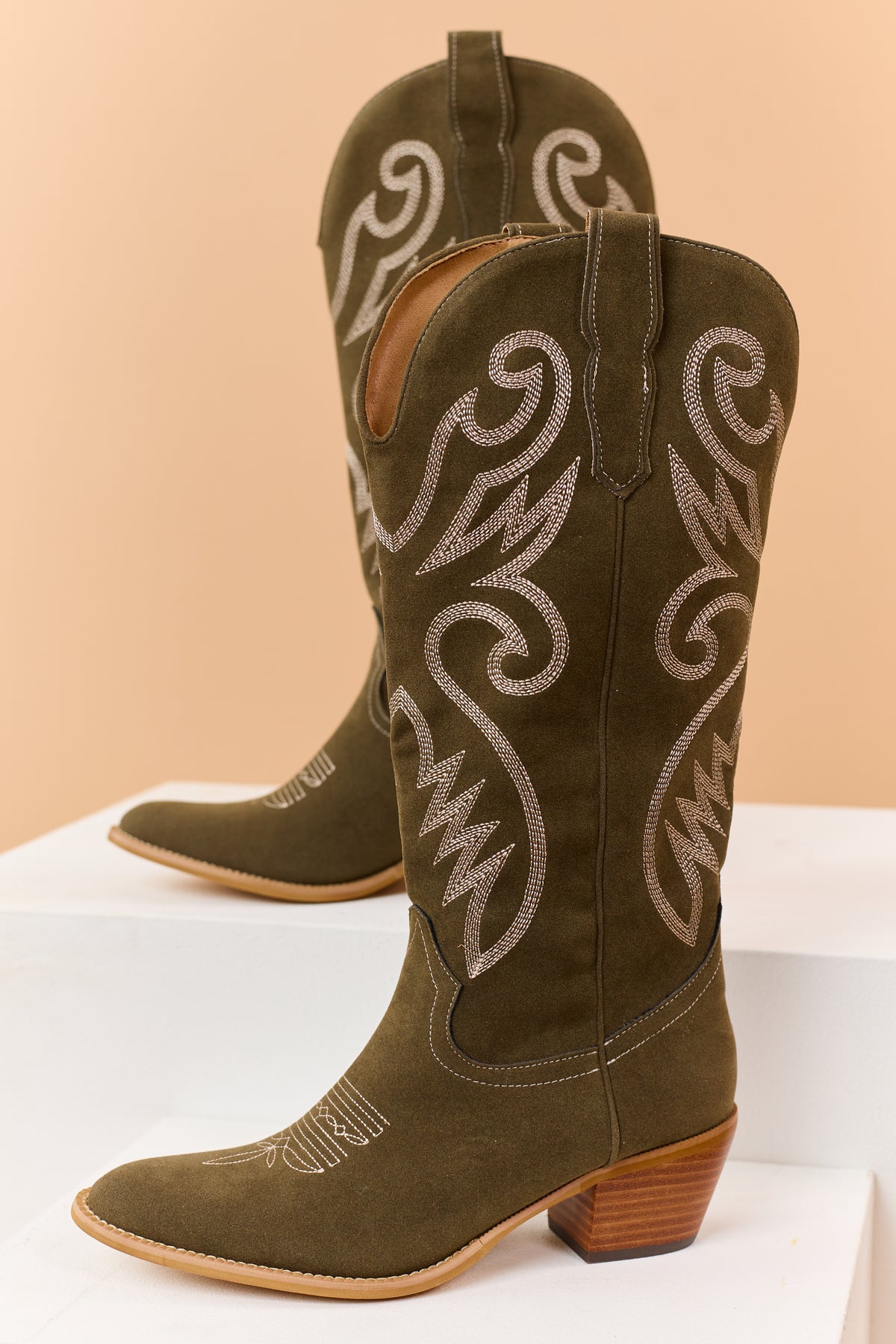 Olive Embroidered Faux Suede Western Boots