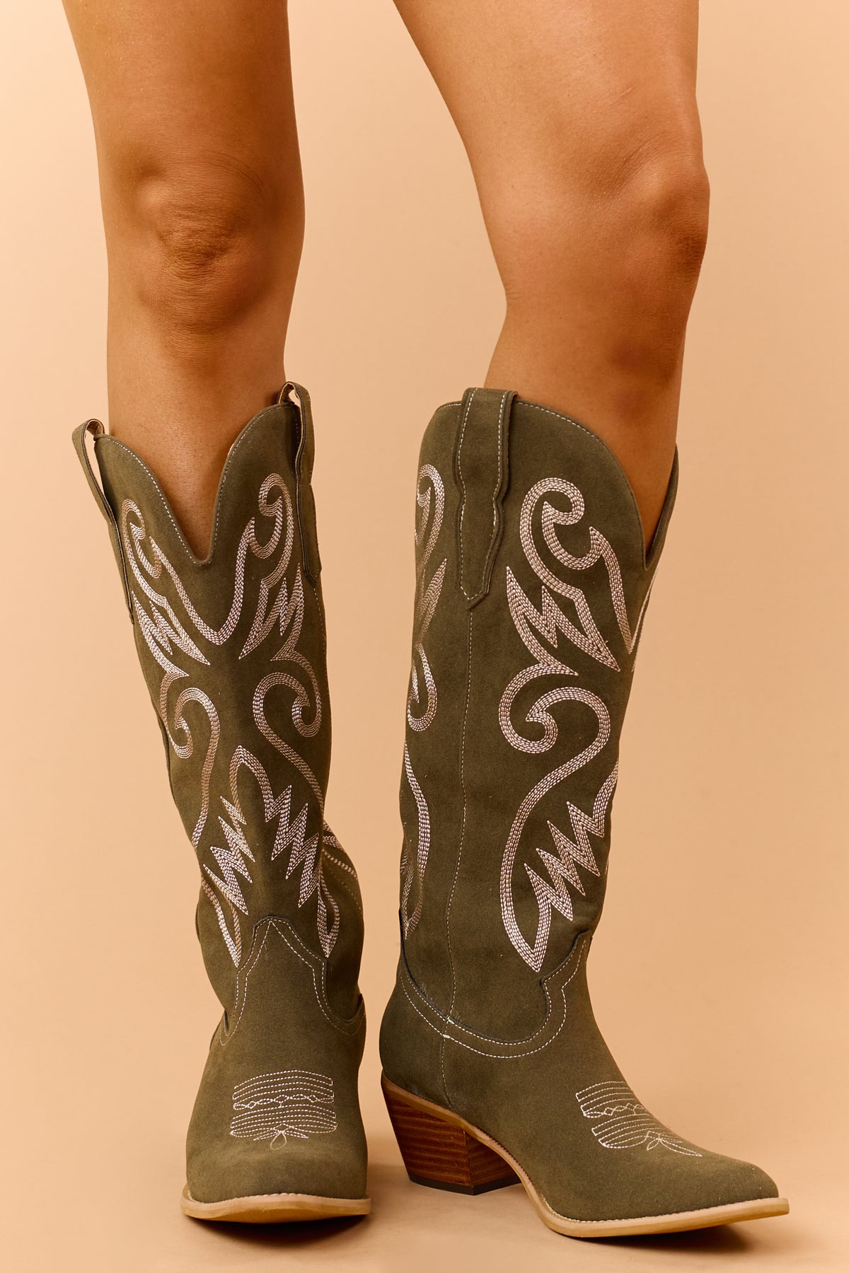 Olive Embroidered Faux Suede Western Boots