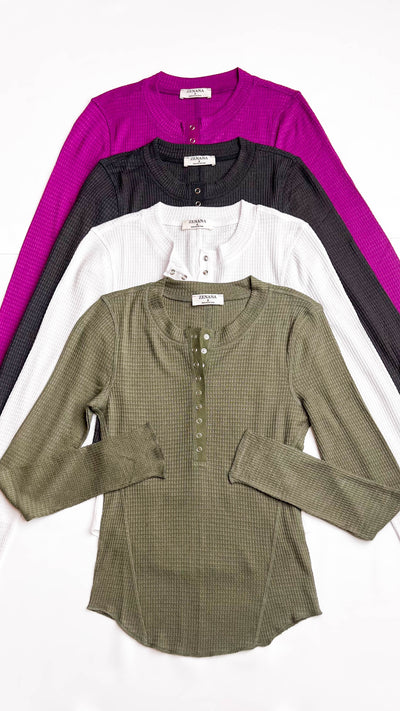 Olive Snap Button Fitted Waffle Knit Top