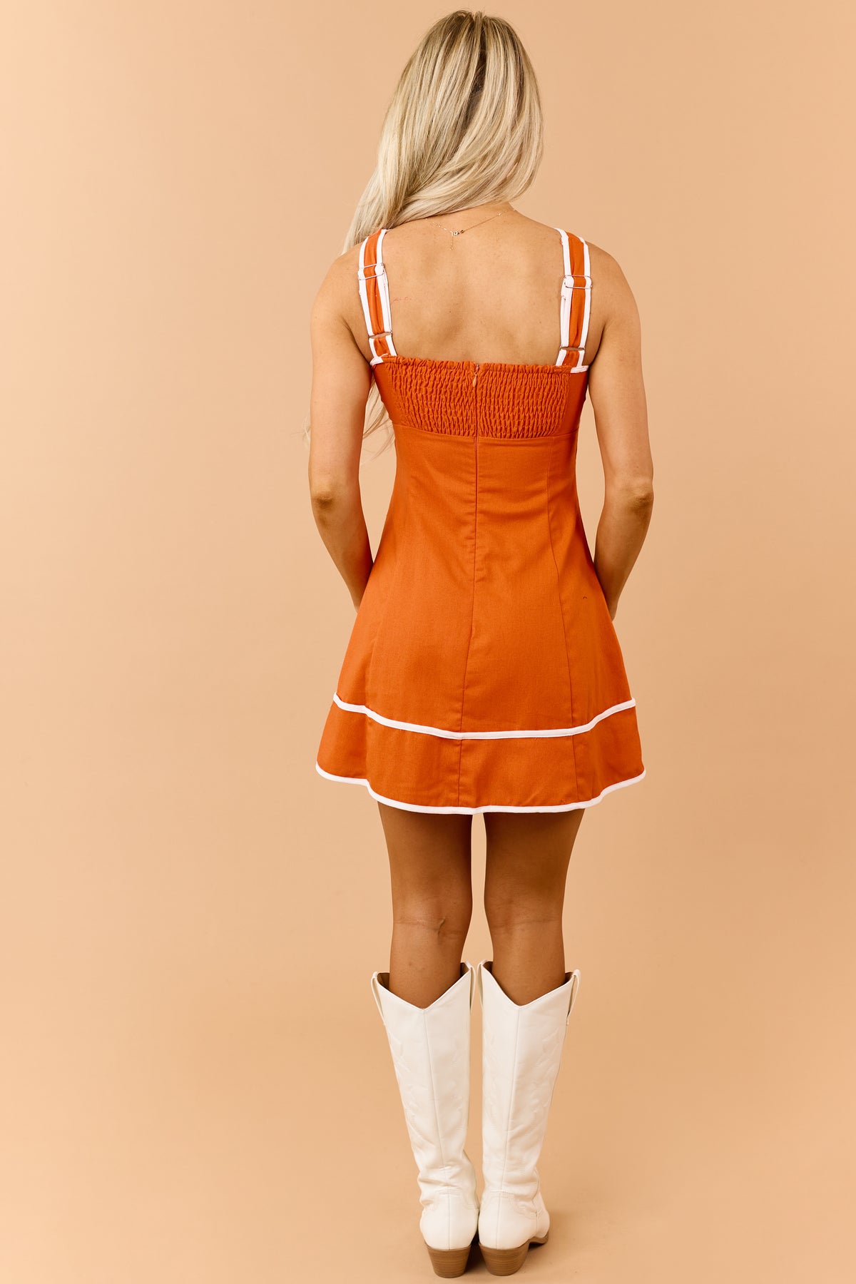 Orange Linen Blend Contrast Binding Mini Dress