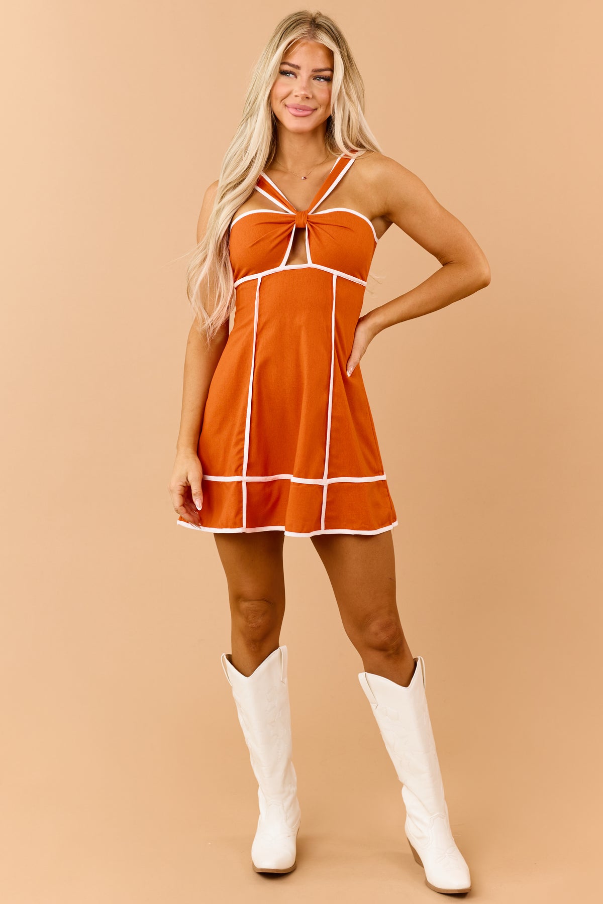 Orange Linen Blend Contrast Binding Mini Dress