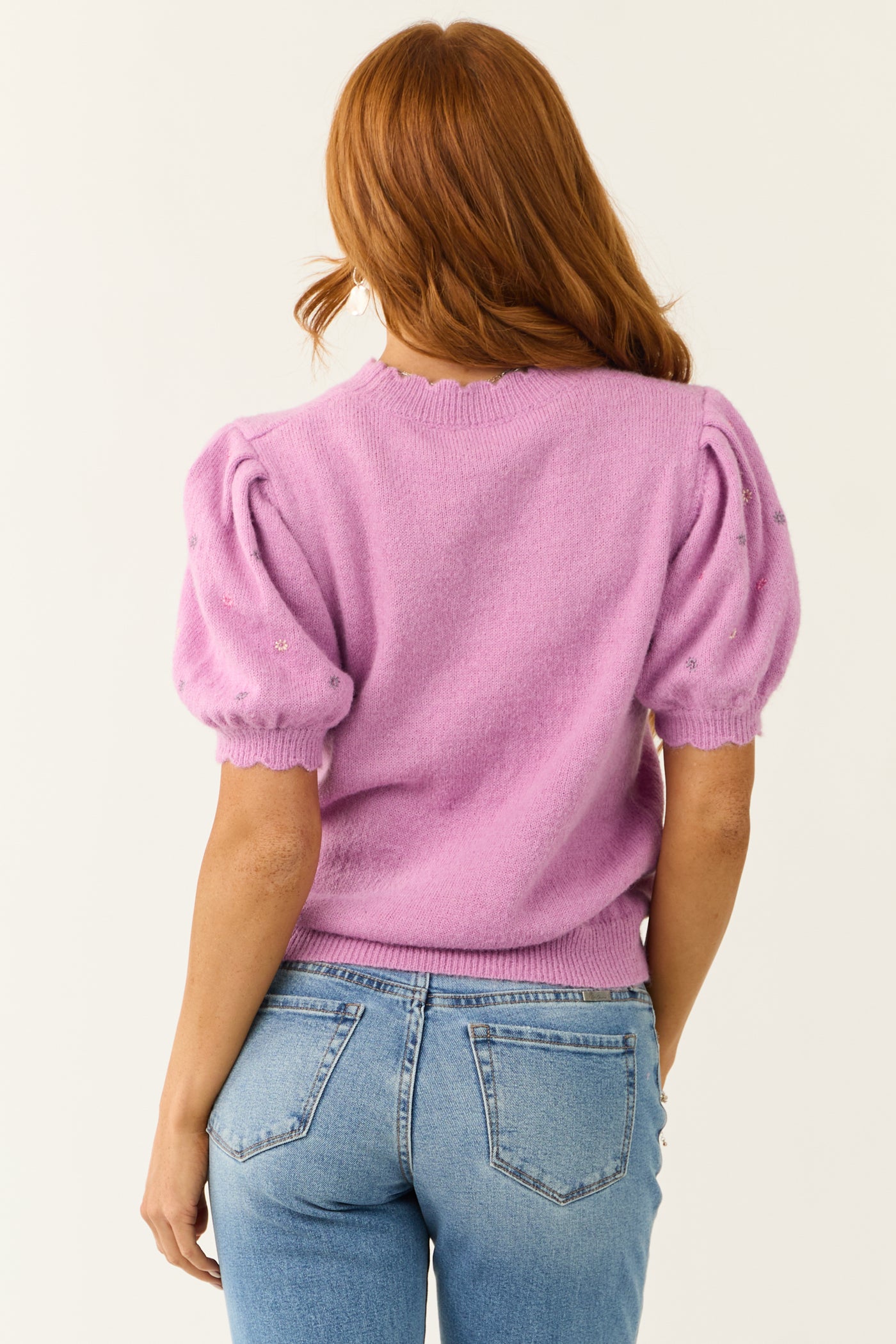 Orchid Floral Embroidered Short Sleeve Sweater