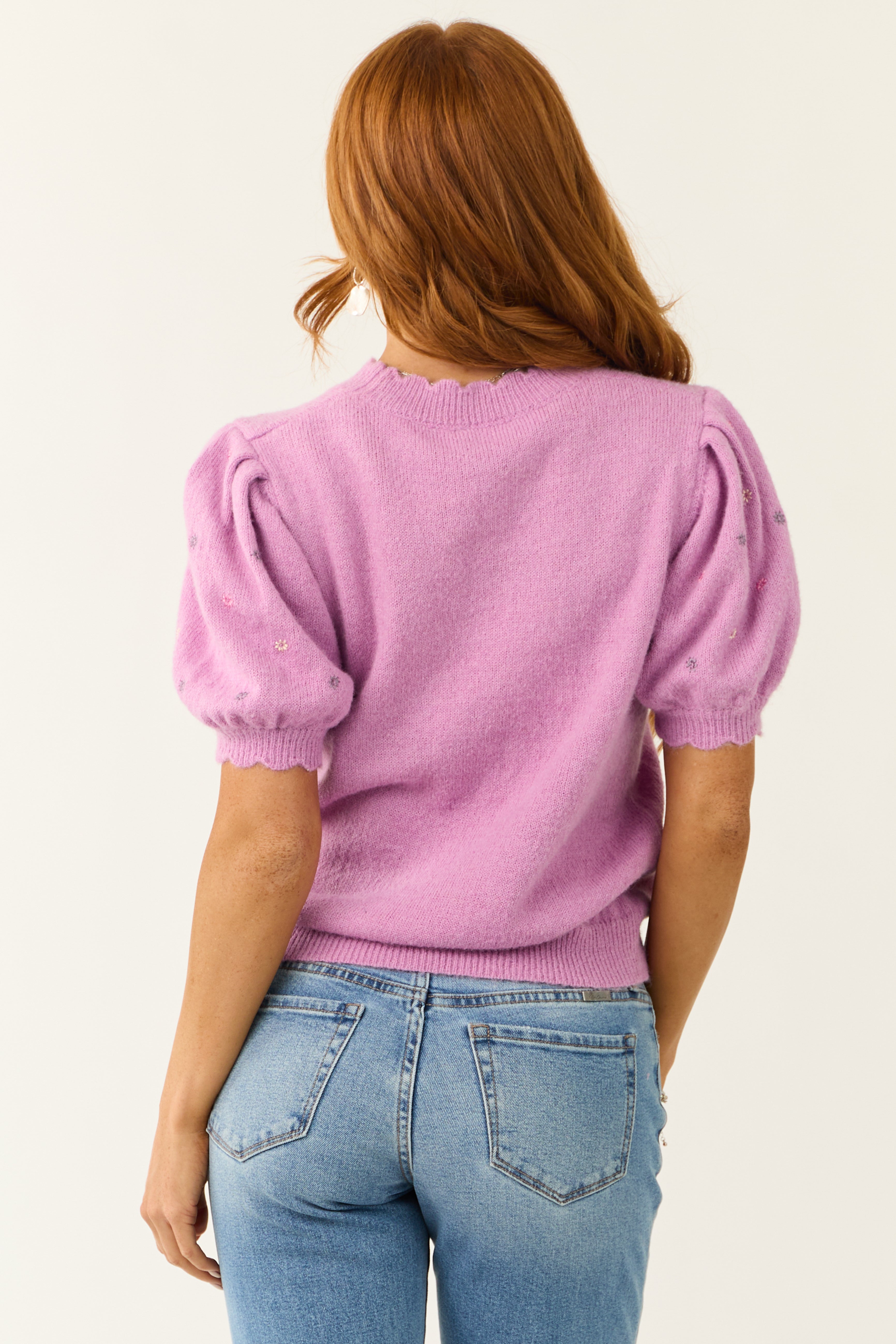 Orchid Floral Embroidered Short Sleeve Sweater