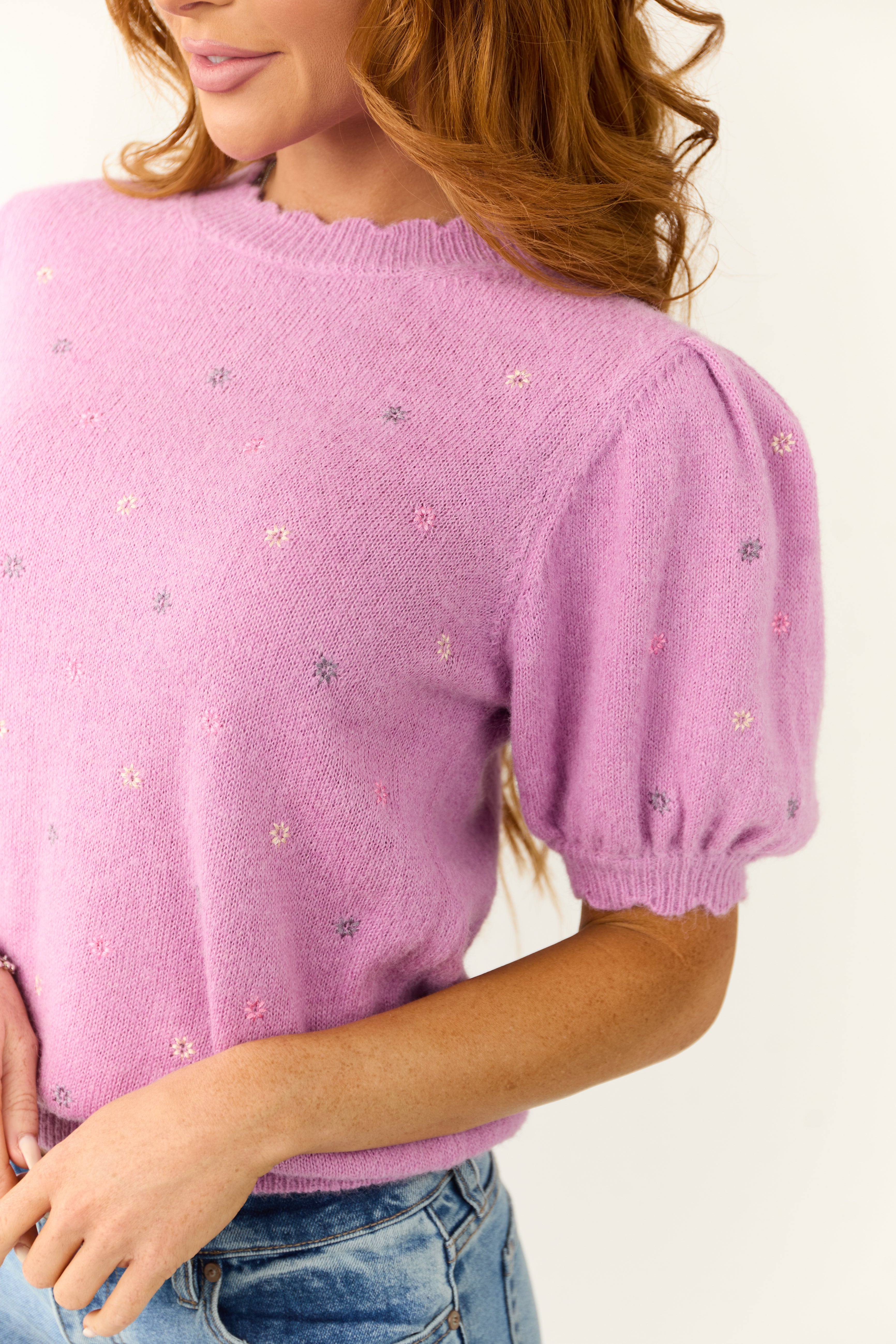 Orchid Floral Embroidered Short Sleeve Sweater