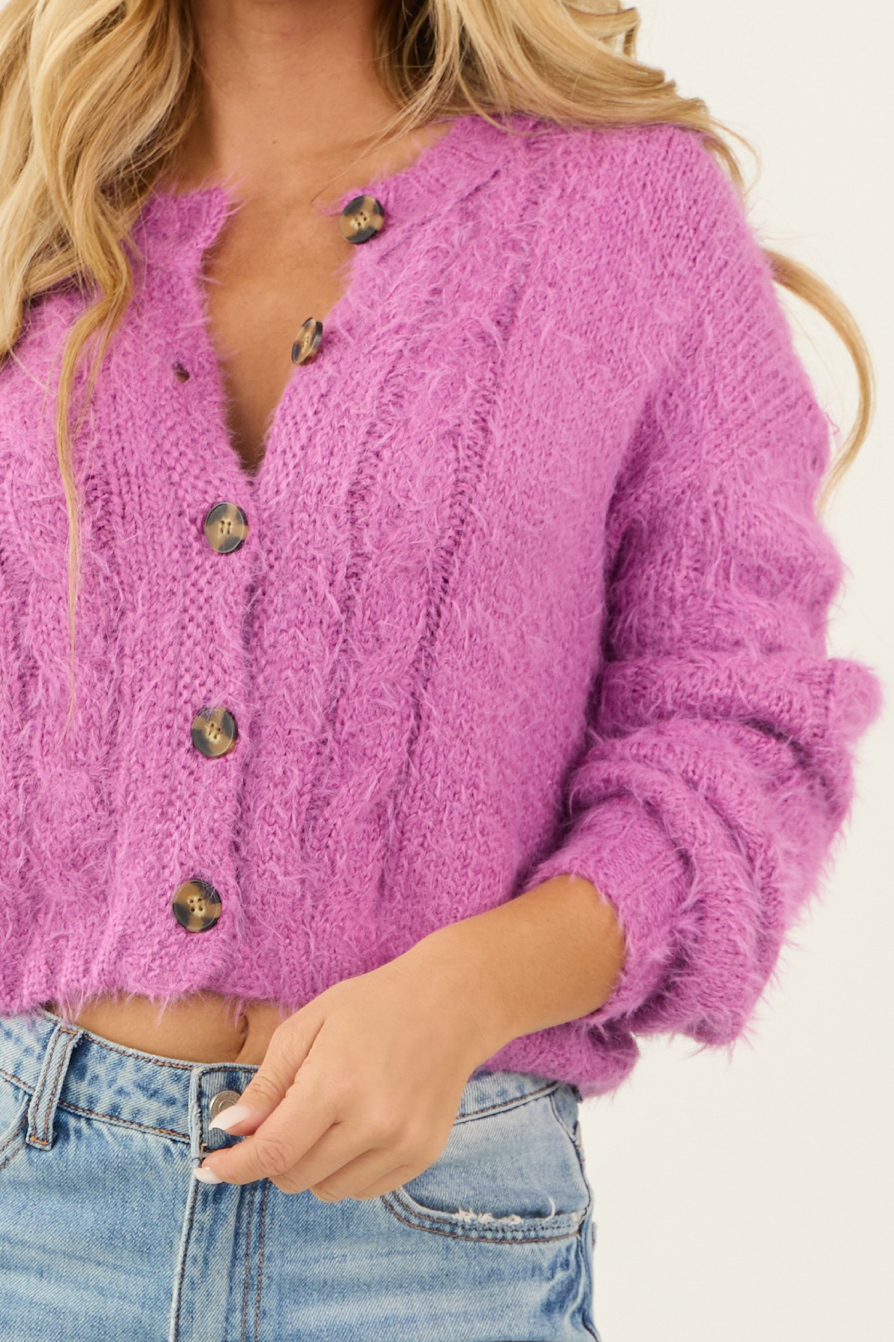 Orchid Fuzzy Cable Knit Button Up Cardigan | Lime Lush Boutique