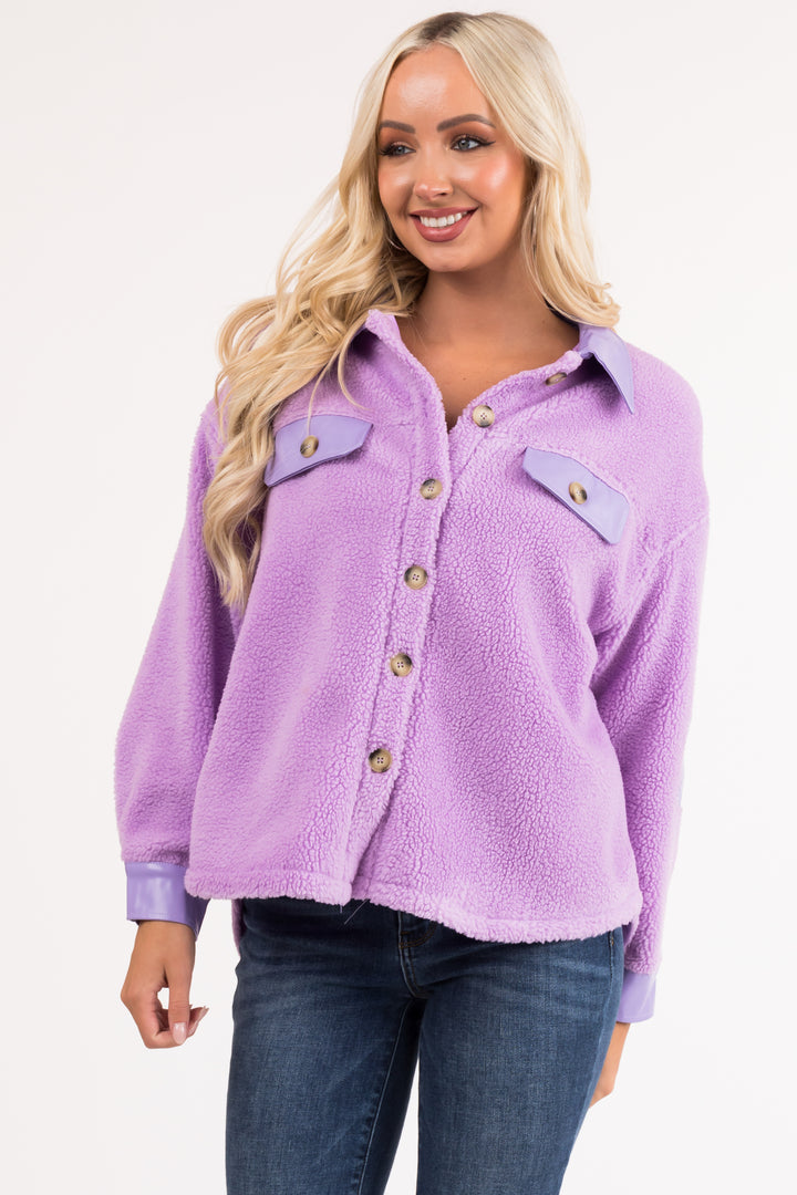 Orchid Sherpa Shacket with Faux Leather Detail