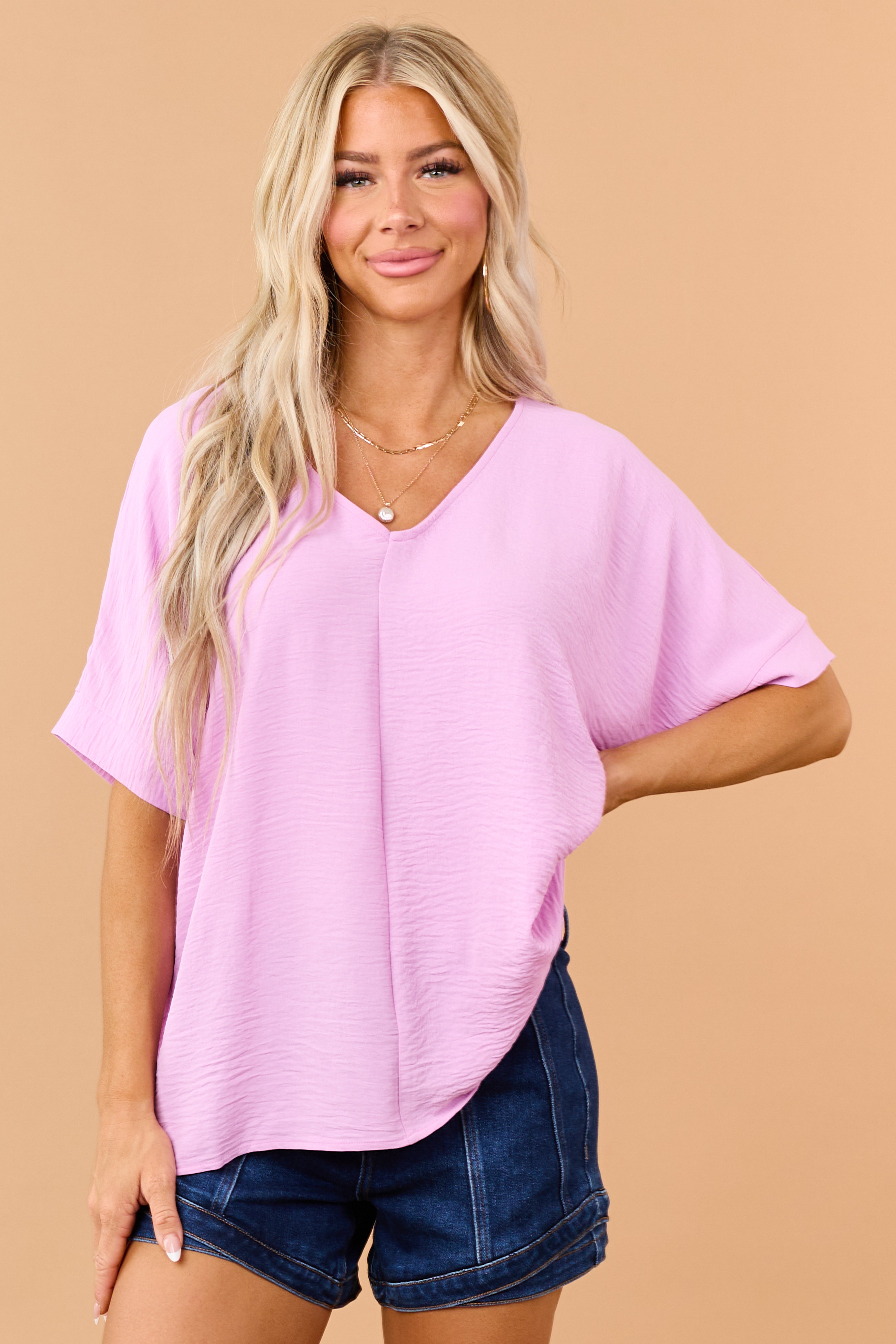 Orchid Textured V-Neck Dolman Sleeve Relaxed Top | Lime Lush Boutique