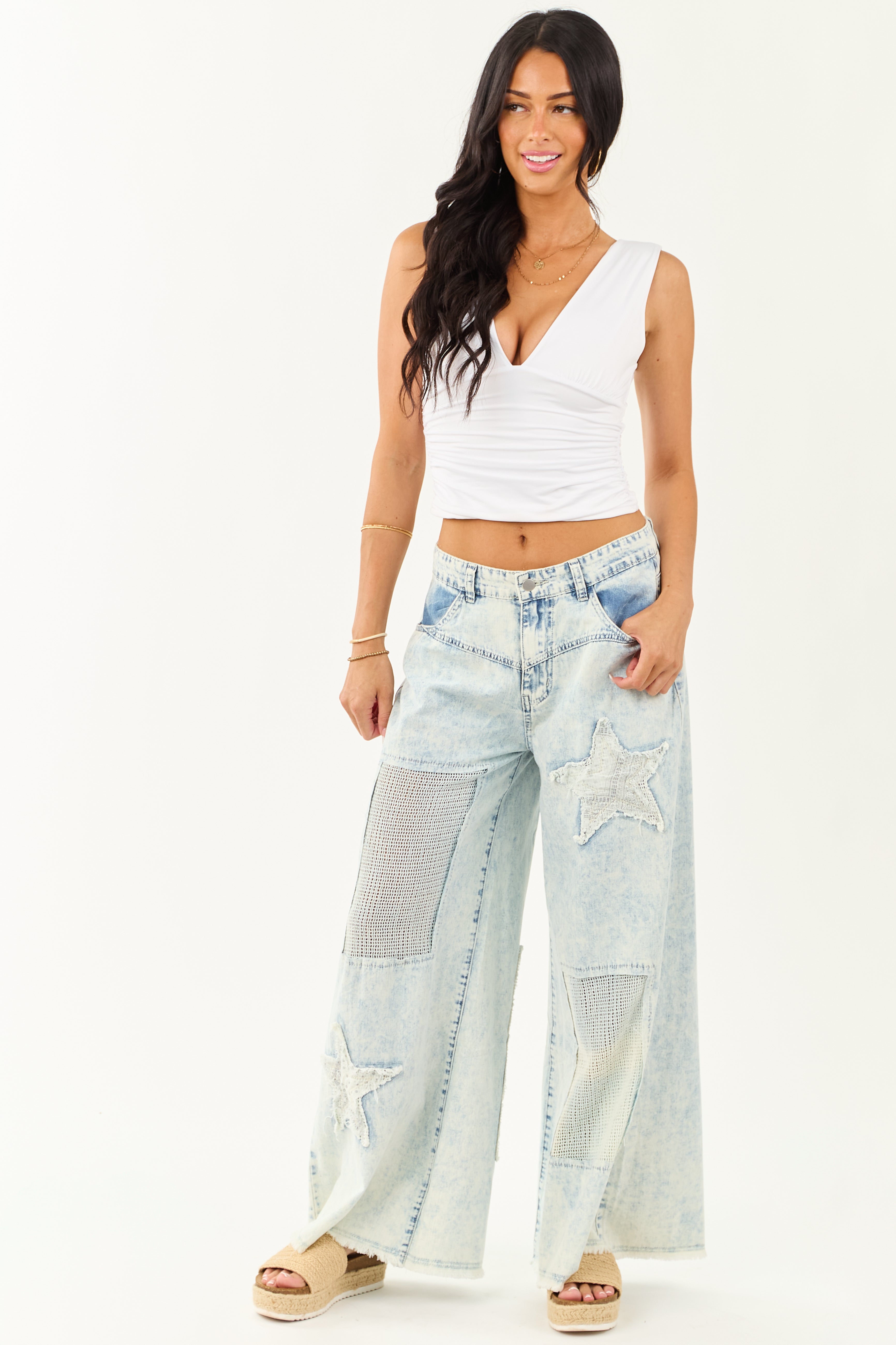 POL Acid Wash Patchwork Lightweight Denim Pants | Lime Lush Boutique
