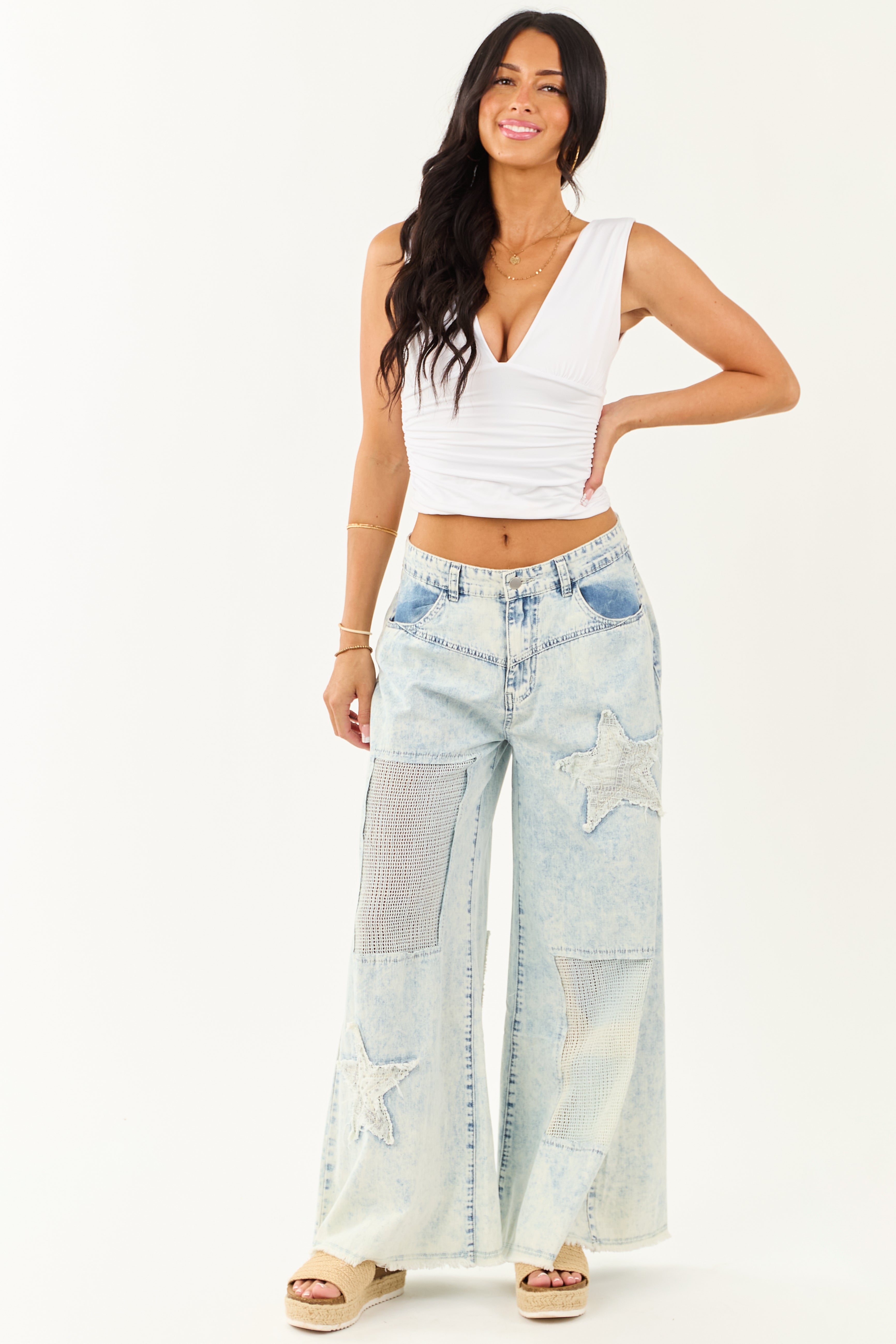 POL Acid Wash Patchwork Lightweight Denim Pants | Lime Lush Boutique