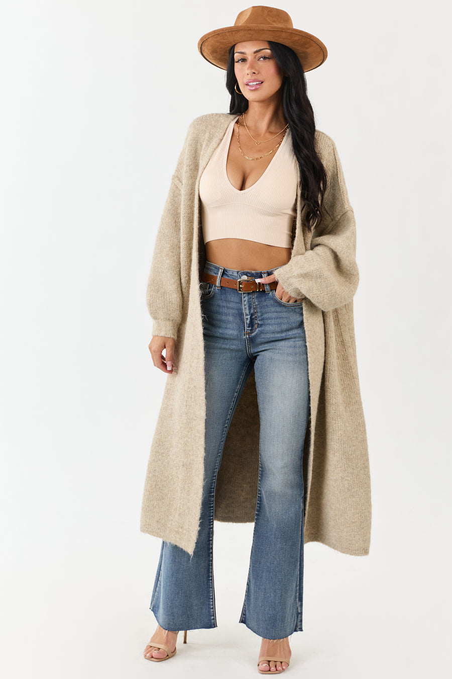 POL Almond Open Front Duster Cardigan