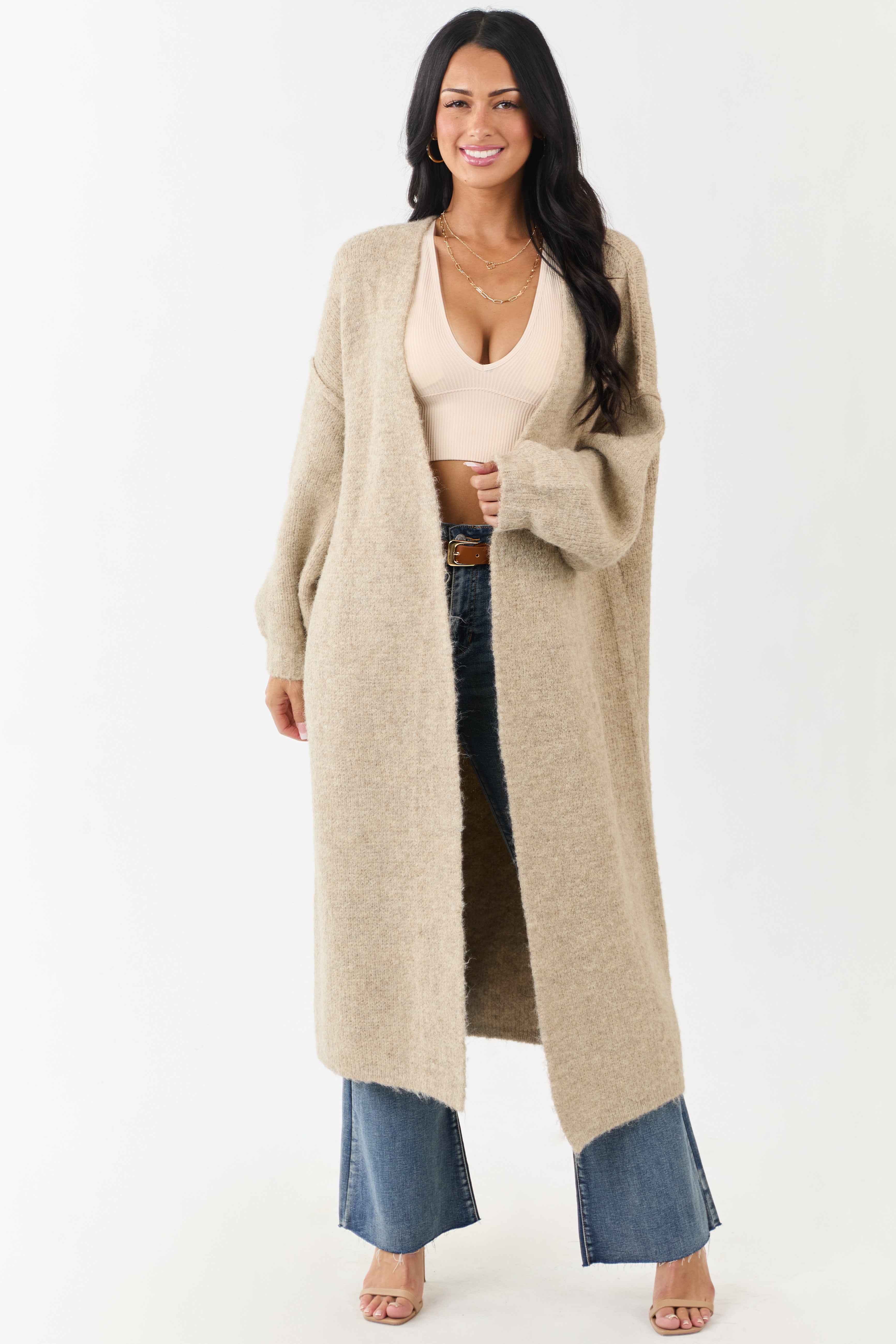 POL Almond Open Front Duster Cardigan